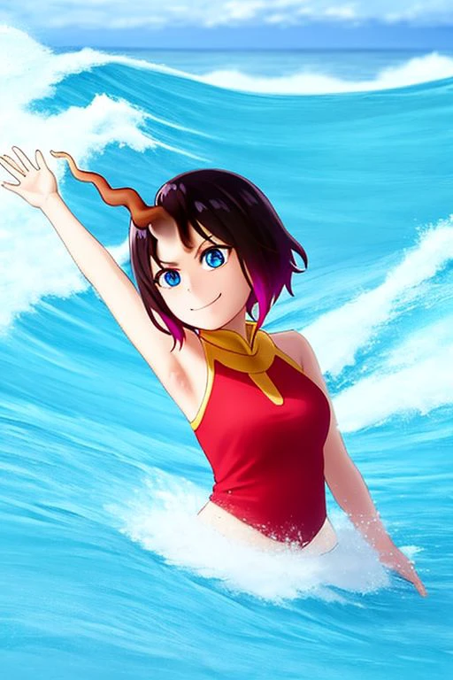 Dragon: elma, black hair, blue eyes, dragon girl, gradient hair, horns, multicolored hair, purple hair, short hair, (single horn:1.5), slit pupils, fur coat, upper body, iceberg bottom, sea, arctic, seafront, smile, arms raised, hands raised , in front of a wave, giant wave, big wave, snowy ground, looking at viewer, smile, angry, (art: 0.8), full body, (beautiful detailed eyes: 1.6), perfect lighting, CGI (perfect hands, anatomy perfect) cloudy day
