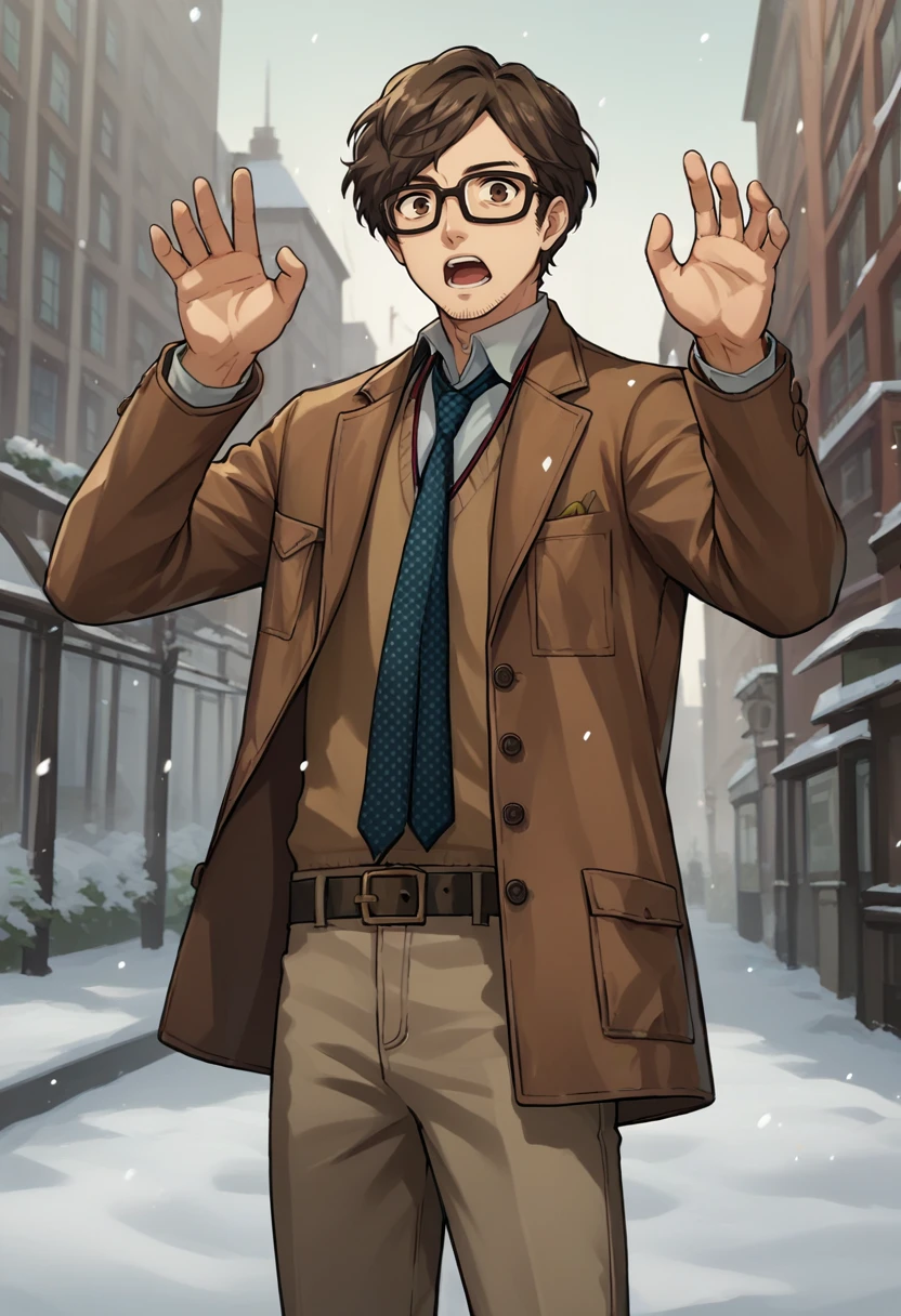 score_9, score_8_up, score_7_up, source_anime, 1boy, solo, cowboy shot, looking at viewer, surprised, open mouth, hands up, <lora:MarukiP5-pdxl:1> marukiP5, glasses, stubble, brown jacket, necktie, belt, pants, outdoors, city, snow