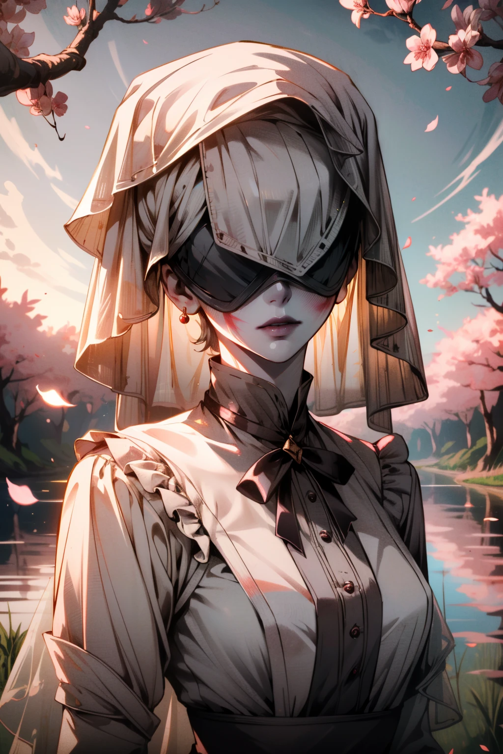 ((ultra detailed, masterpiece, absurdres))
<lora:BGNNurse:0.8>
BGNNurse,1girl,grey skin, covered eyes, pale skin, bruises, veil, Golden Hour in a Cherry Blossom Orchard