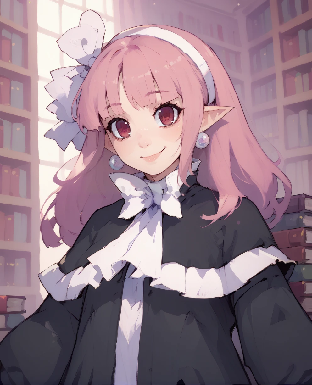 score_9,score_8_up,score_7_up,score_6_up,
witchxl,long pink hair,red eyes,
smiling,standing,upper body,
black dress,white hairband,hair ribbon,long sleeves,earrings,
library,solo,
<lora:Witch:0.9>,