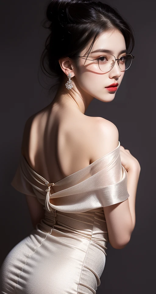 1girl,solo,black hair,buns,lips,glowing skin,realism,portraits,jewelry,looking back,(Gently hold your glasses:1.1),Black off-the-shoulder dress,Back Angle,(chest and hips:1.1),<lora:è¸æ±½_æè¥äººç:0.8>,