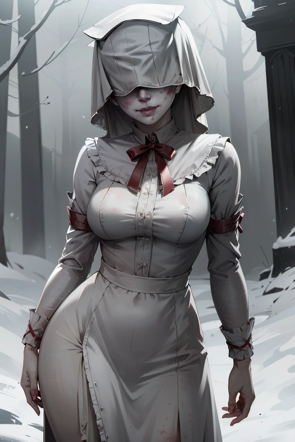 ((ultra detailed, masterpiece, absurdres))
<lora:BGNNurse:0.8>
BGNNurse,1girl,grey skin, covered eyes, pale skin, bruises, veil, in a winter wonderland, cowboy shot, winter clothing, smile
