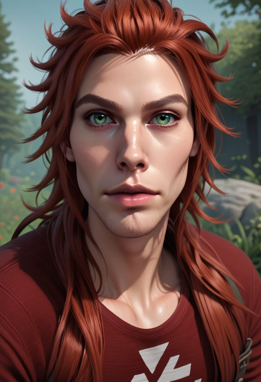 rpskxzt, solo, realistic, 1boy, red hair, long hair,  green eyes, looking at viewer, outdoors, sidelighting,  score_9, score_8_up, score_7_up, score_6_up, score_5_up, score_4_up