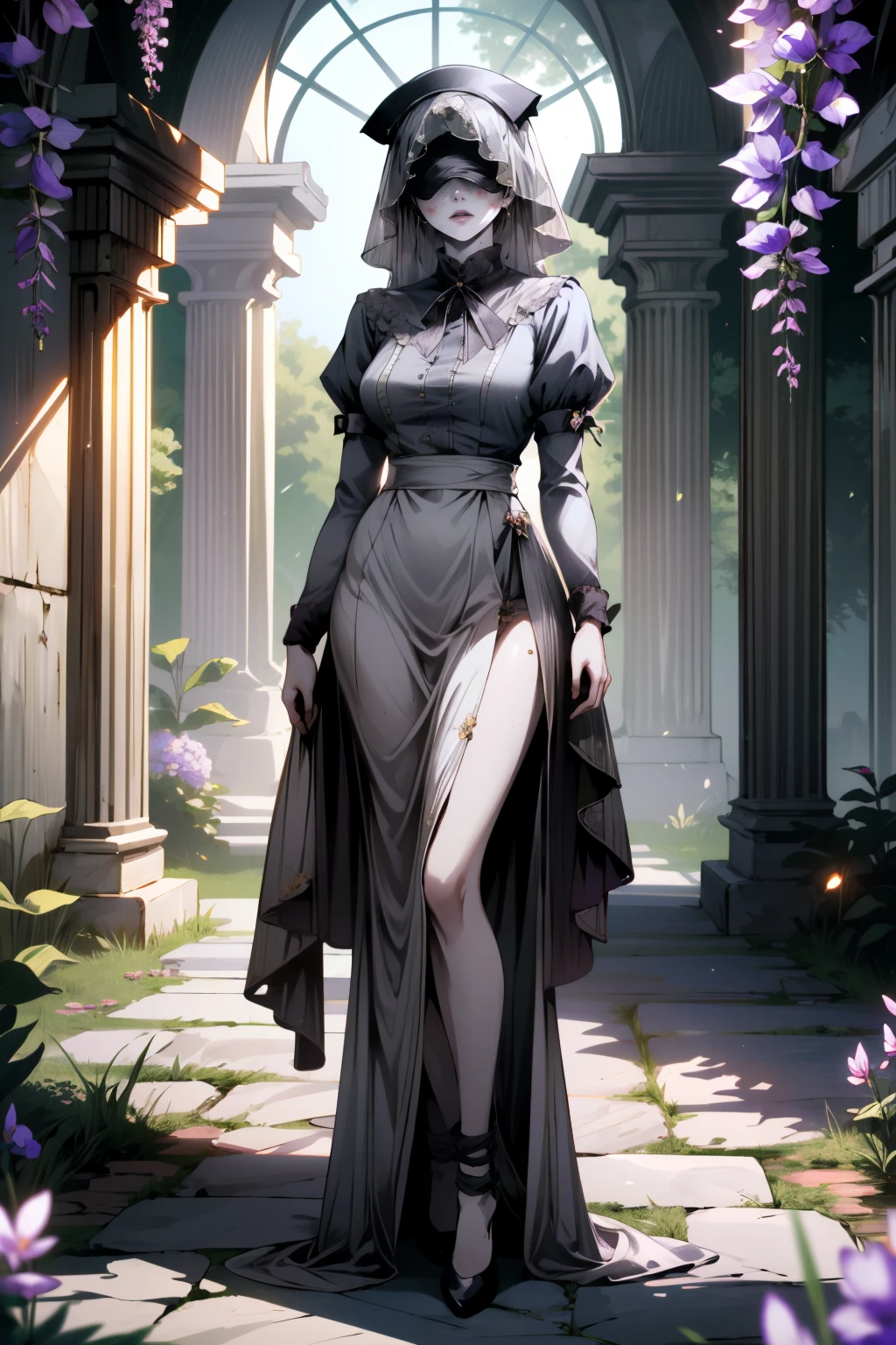 ((ultra detailed, masterpiece, absurdres))
 <lora:BGNNurse:0.8>
BGNNurse,1girl,grey skin, covered eyes, pale skin, bruises, veil, full body, Secret Garden with Wisteria-Covered Arch