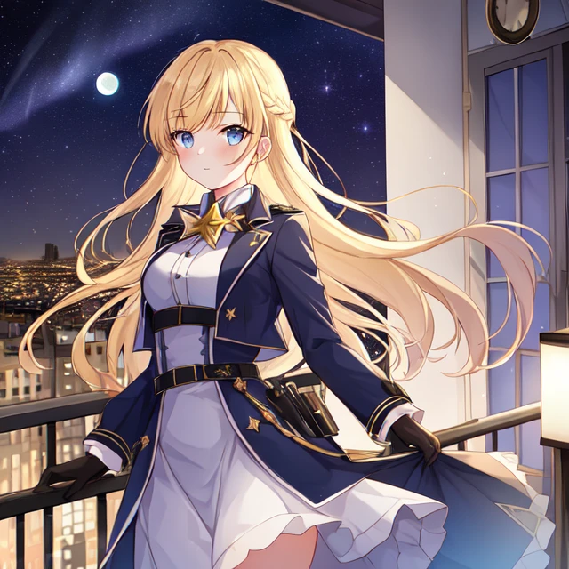 1girl, aurora, balcony, bangs, black_gloves, blonde_hair, blue_eyes, braid, building, city, city_lights, cityscape, clock_tower, cloud, constellation, earth_\(planet\), eyebrows_visible_through_hair, galaxy, gloves, holding, jacket, light_particles, long_sleeves, looking_at_viewer, milky_way, moon, moonlight, night, night_sky, planet, shooting_star, skirt, sky, solo, space, space_craft, star_\(sky\), starry_sky, starry_sky_print, telescope, window