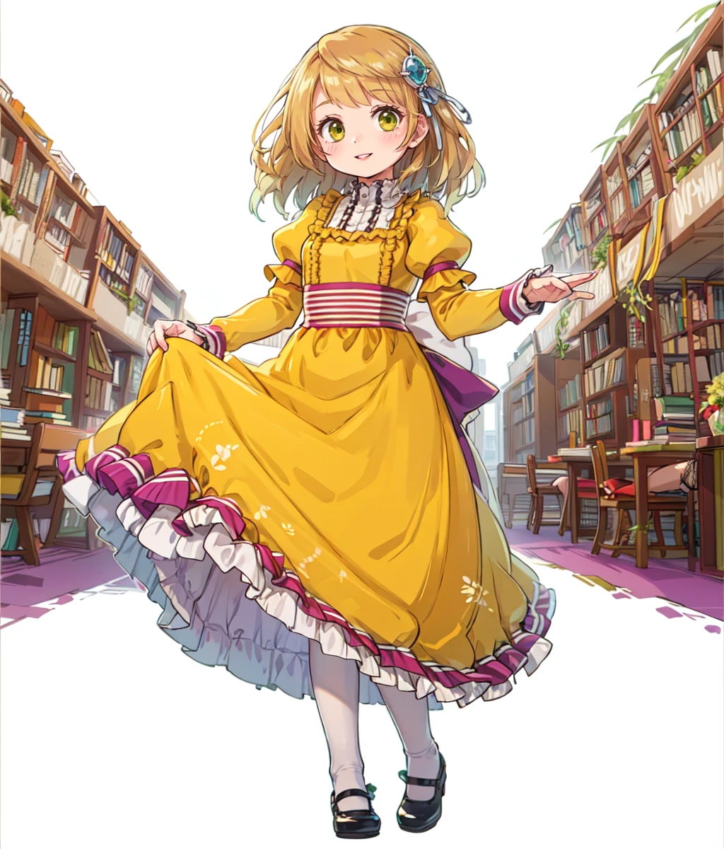 1girl, solo, food, dress, apple, fruit, pantyhose, long hair, skirt hold, simple background, white pantyhose, full body, shoes, mary janes, hair ornament, long sleeves, looking at viewer, brown hair, yellow eyes, standing, yellow dress, green eyes, ribbon, parted lips, puffy sleeves, blonde hair, black footwear, juliet sleeves, simple background, white background, chair, sitting, smile, looking at viewer, ((indoors, library)) <lora:Perrielle:0.8>