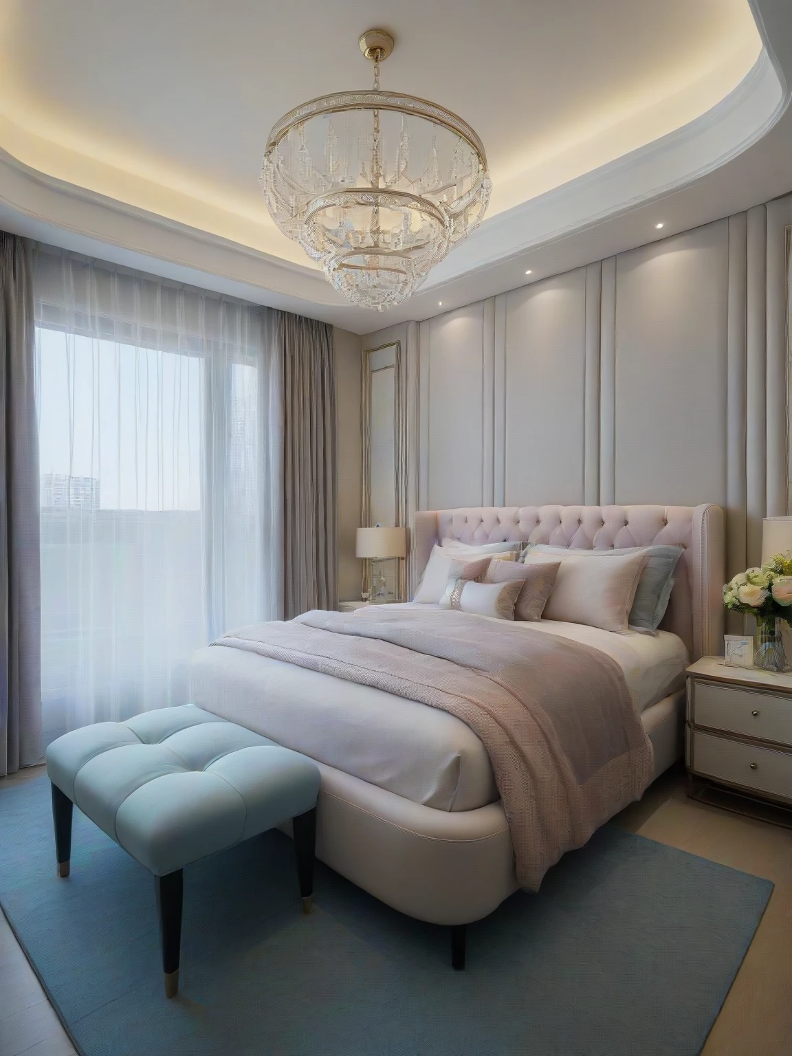 (best quality,highres:1.2),ultra-detailed,realistic:1.37,weightless feeling upon entering, purple-themed bedroom, large art painting hanging above bed, golden bedsheets contrasting with snow-white walls, curtains gently swaying, reflecting the crystal chandelier on the wall, creating a dreamy atmosphere.