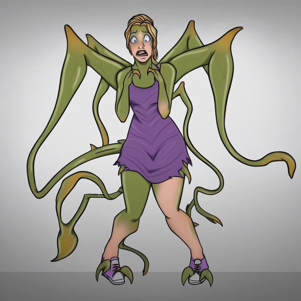 score_9,score_8_up,score_7_up,score_6_up,score_5_up,score_4_up,
myfavalien, blonde woman lizzie transforming into a green veenox, blonde woman lizzie, 1girl, solo, smile, dress, green skin, purple dress, blonde hair, tail, shoes, closed eyes, green alien veenox. giant monster, aggressive alien monster, monstergirl, MIDTF, MID TRANSFORMED, LOOKING AT CHANGING BODY, SHOCKED, SCARED, GREEN SKIN SPREADING THROUGHOUT BODY, HUMAN FEMALE BODY MORPHING TO A GIANT GREEN ALIEN, SLIM WAIST, THICK THIGHS, FEMALE MONSTER LEGS, MONSTER ARMS, DAINTY ALIEN HANDS, ALIEN TENTACLES ON BACK, SEXY GREEN VEENOX ALIEN GIRL