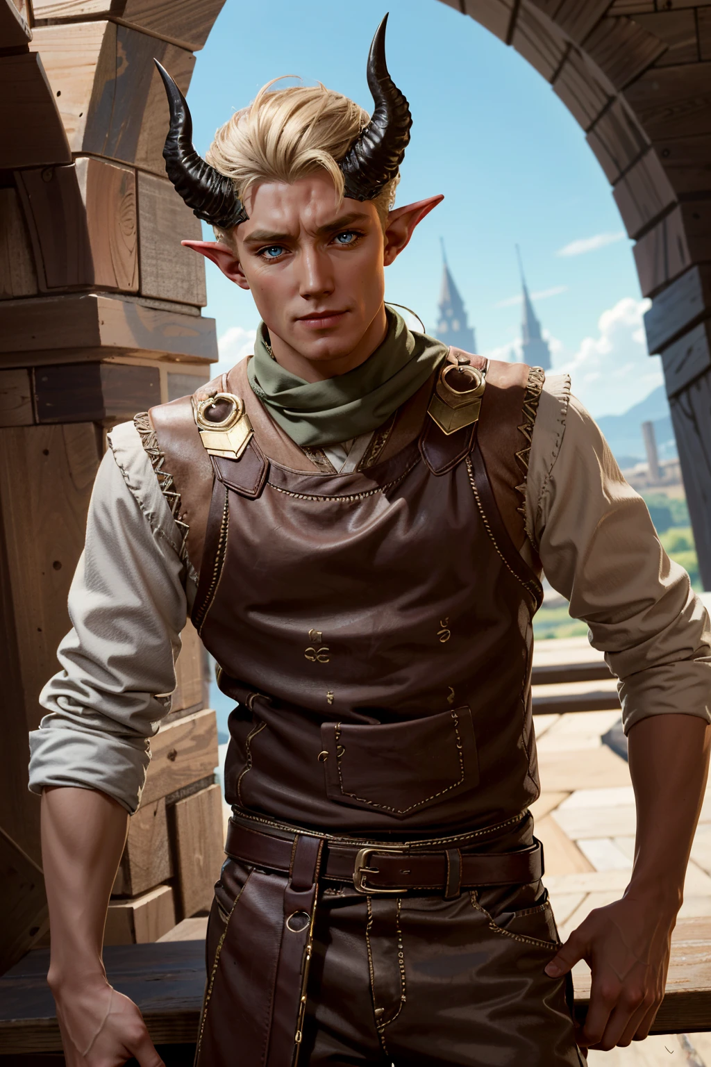 ((ultra detailed, masterpiece, absurdres))
<lora:BGDammon:0.8>
BGDammon, 1boy, short hair, blonde hair, blue eyes, horns, cowboy shot, smirk