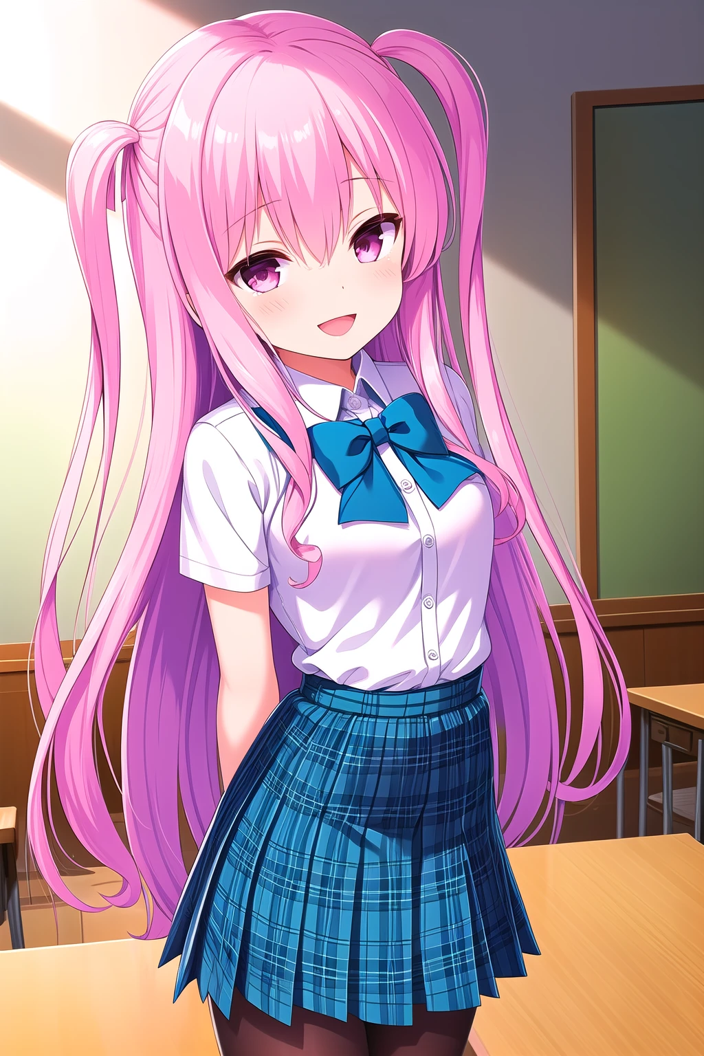 (masterpiece, best quality), highly detailed background, perfect lightingbest quality, kagamimatsuri, solo, indoors, classroom, pink hair, two side up, red ribbon, hair ribbon, hair between eyes, very long hair, pink eyes, small breasts, blue bowtie, white shirt, short sleeves, arms behind back, blue skirt, plaid skirt, black pantyhose, school uniform, smile, open mouth, :d, pink lips, <lora:Kagami-Matsuri:0.7>