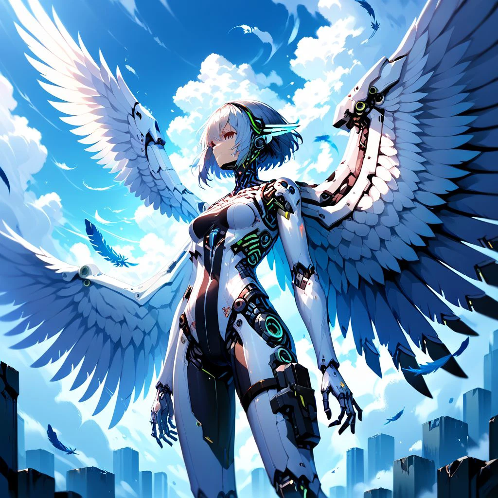 flying angel, cyborg, implant, mechanical body, celestial, skintight, bodysuit, leotard, large wings, feathers, clouds, columns, white marble, sunbeam, raytracing, light particles, dynamical pose, from below, bright, silver trim, gothic artstyle, gothic aesthetics illustration, symbolical, mystical, epic , <lora:dalle3:1> score_9, score_8_up, score_7_up, score_6_up, score_5_up, score_4_up, source_anime
