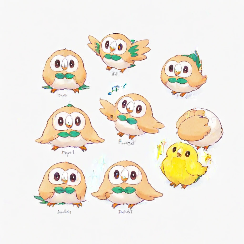 white background, pokemon (creature), brown eyes, bird, white border, sparkle, no humans, baseball cap, looking at viewer, musical note, flying, standing