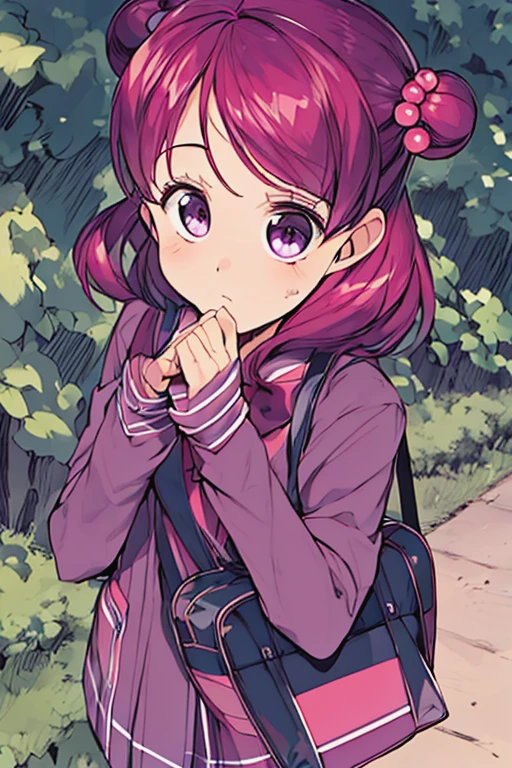 1girl, yumehara_nozomi, bag, rating:safe, solo, hair_bobbles, two_side_up, school_uniform, school_bag, purple_eyes, hair_ornament, tree, short_hair, bow, eyelashes, outdoors, shirt, frown, day, five fingers, <lora:Cure_dreamyumehara_nozomi:0.8>