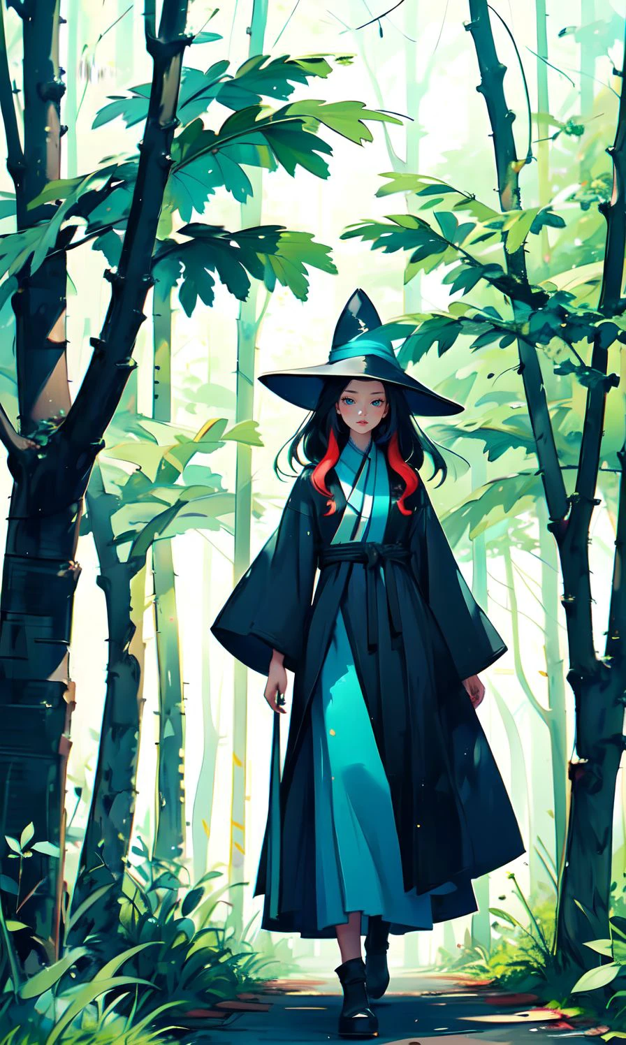 A mysterious witch standing among ancient trees in a dense forest, her flowing robe blending with the vibrant greenery, conglin, <lora:flowers_in_moon:0.8>