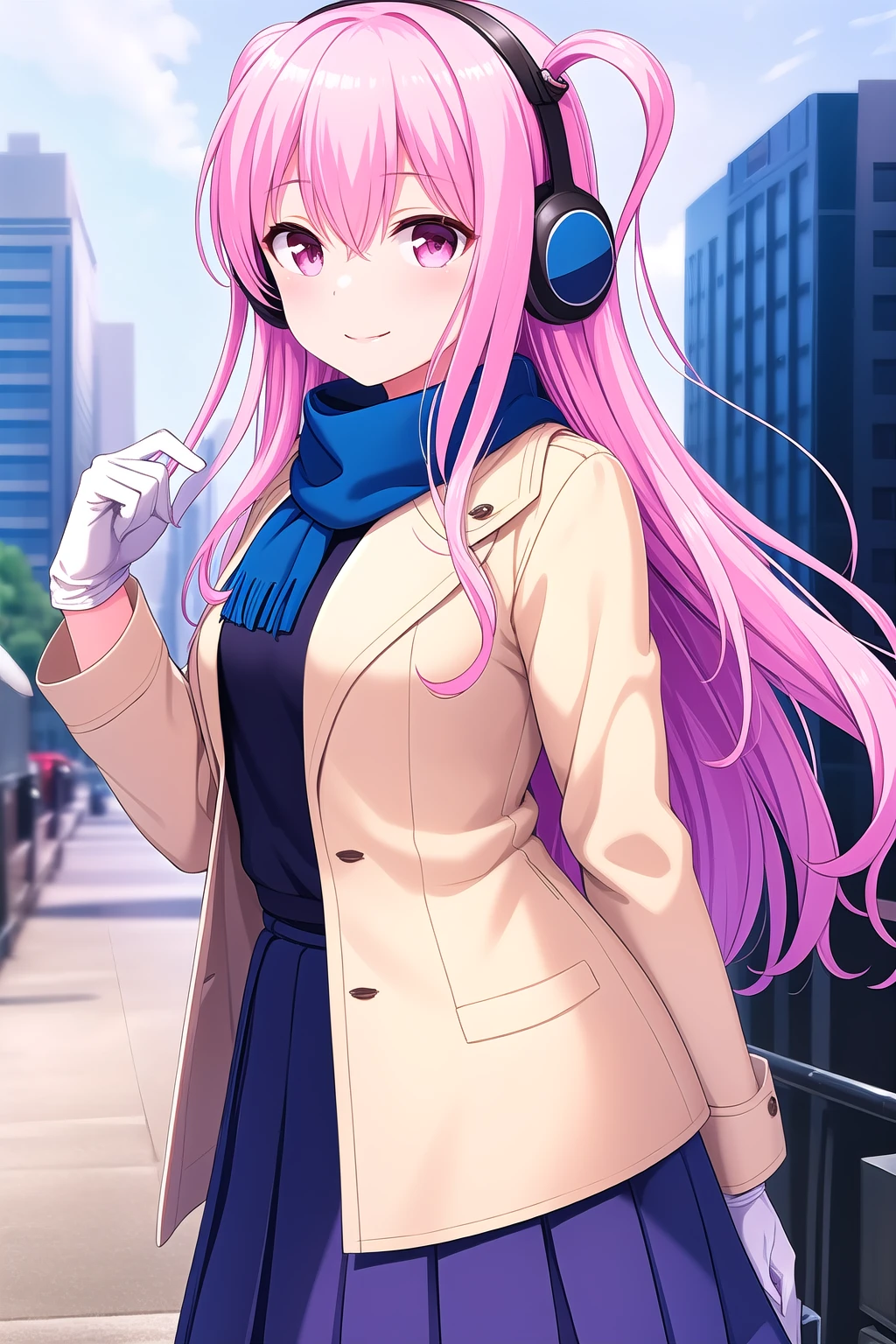 (masterpiece, best quality), highly detailed background, perfect lightingbest quality, kagamimatsuri, solo, outdoors, city, winter, pink hair, two side up, earmuffs, hair between eyes, very long hair, pink eyes, small breasts, white coat, fur trim, buttons, white gloves, blue skirt, pleated skirt, winter clothes, smile, closed mouth, :), pink lips, <lora:Kagami-Matsuri:0.7>