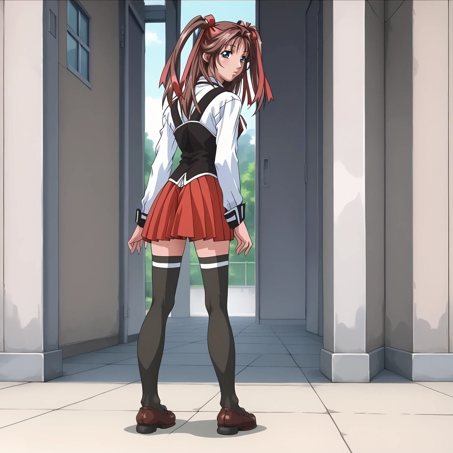 <lora:YukiToudouXLpony003>,
solo,
YukiToudou,1girl,brown hair,two -side up,hair ribbon,red ribbon,blue eyes,
school uniform,white shirt,strap,vest,
red skirt,
thighhighs,shoes,
full body,standing,looking back,