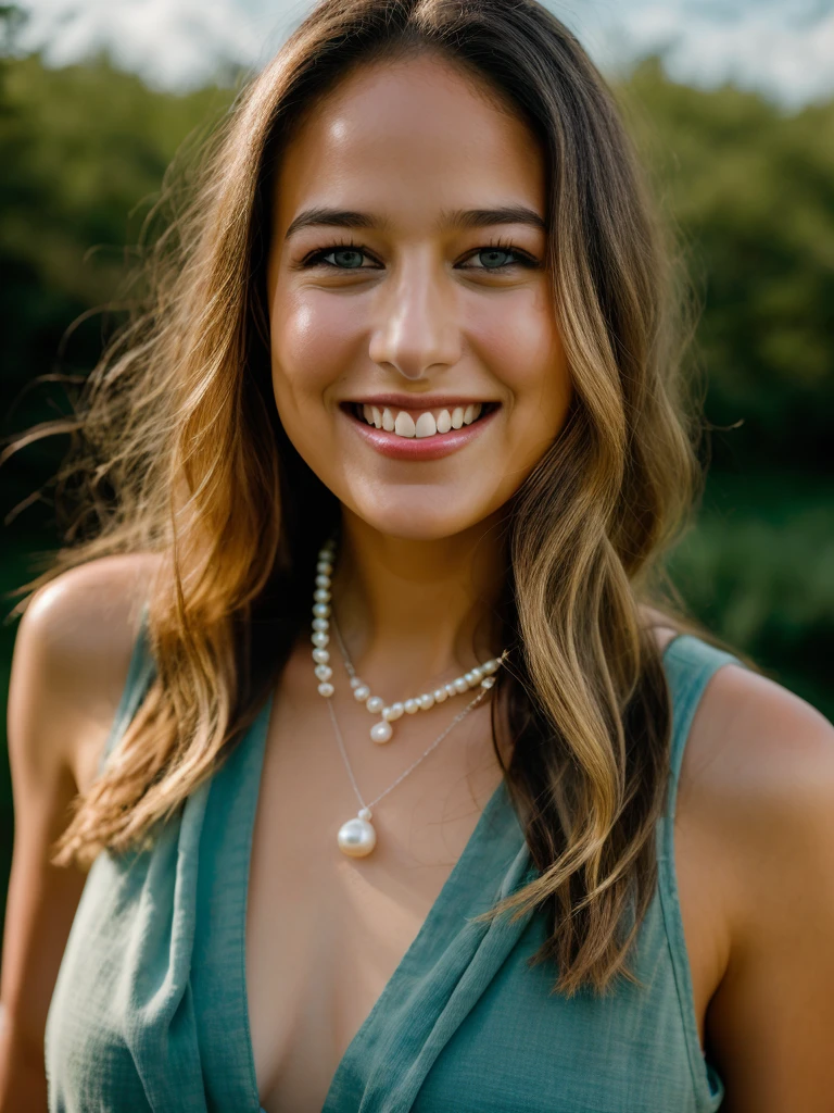 Realistic photo of a beautiful l33l33s woman,1girl, solo, long hair, looking at viewer, smile, blue eyes, (((blonde hair))), jewelry, upper body, teeth, necklace, grin, realistic, pearl necklace, soft lighting, professional Photography, Photorealistic, detailed, RAW, analog, sharp focus, 8k, HD, DSLR, high quality, Fujifilm XT3, film grain, award winning, masterpiece<lora:l33l33s:1.0>