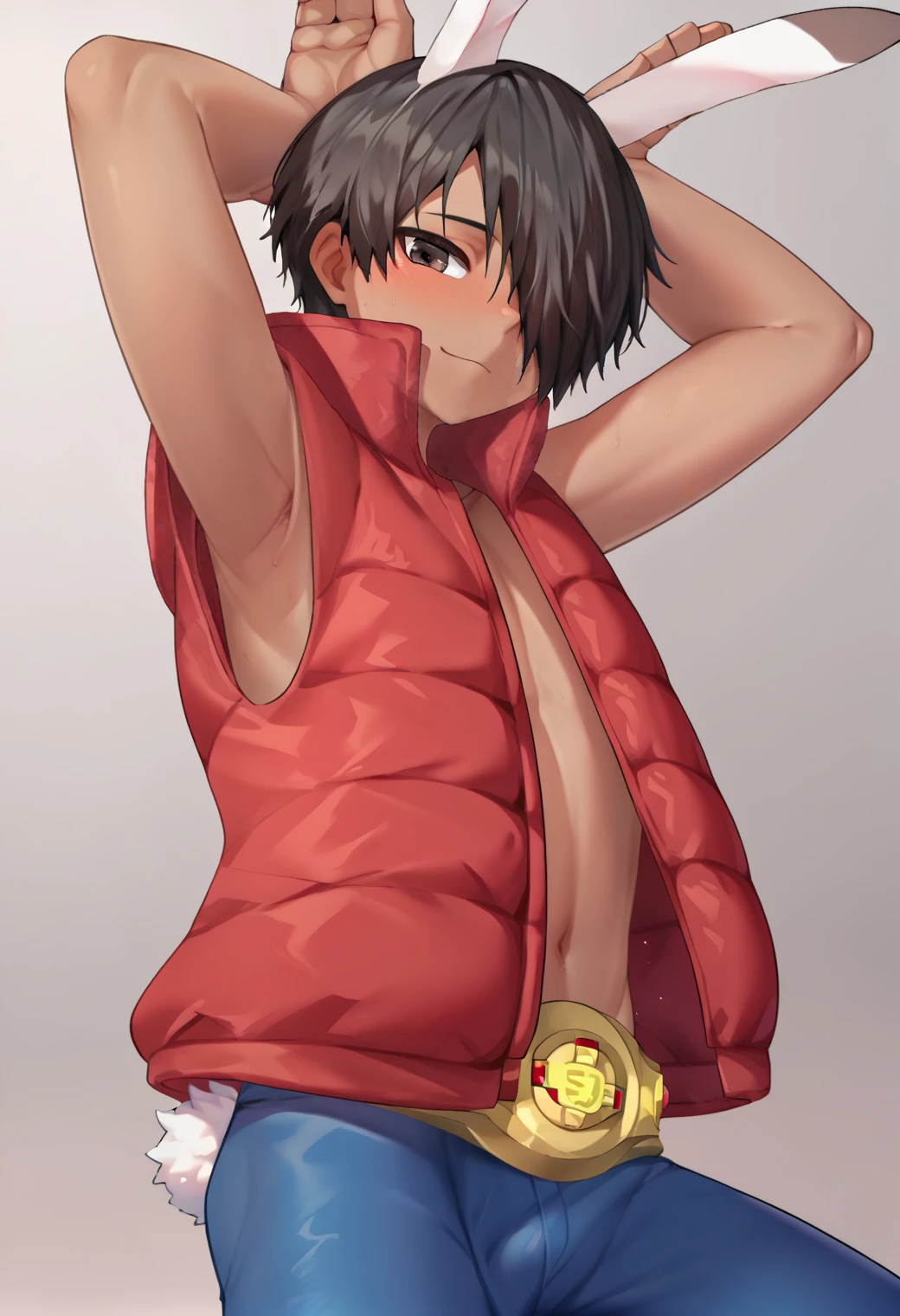 score_9_up, score_8_up, score_7_up, score_6_up, score_9, cute, 1boy, kazuma_king, black hair, dark brown eyes, bunny ears,red vest, blue jeans, hair over one eye, white shoes, bunny tail, championship belt, googles, best quality, amazing quality, best aesthetic, absurdres ,source_anime, source_, score_5_up<lora:EMS-361293-EMS:1.000000>