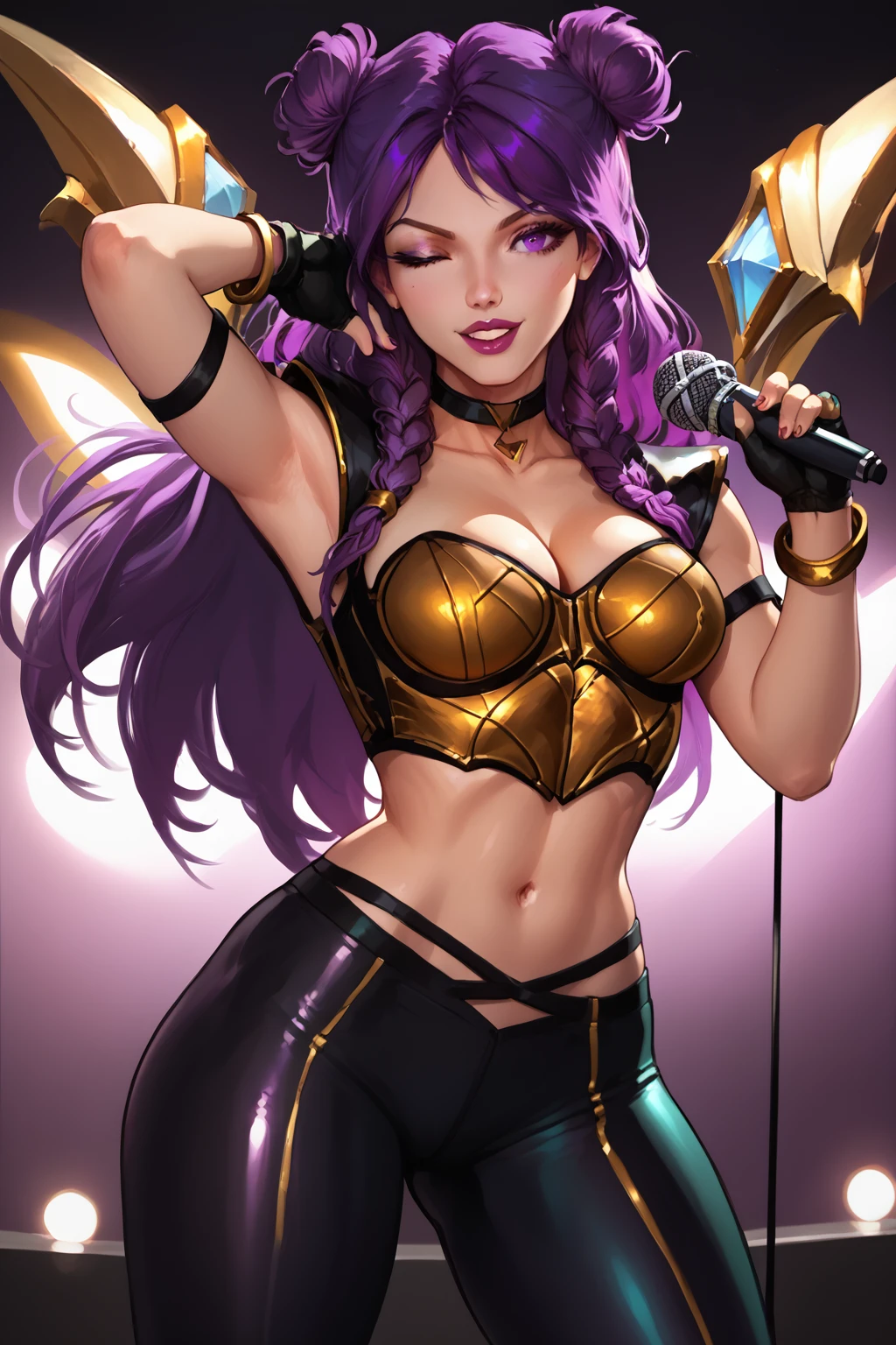 score_9, score_8_up, score_7_up, masterpiece, high quality
 <lora:KDA KaisaPony:1> popstar, 1girl, long hair, double bun, twin braids, purple hair, choker, cleavage, bustier, midriff, fingerless gloves, armlet, golden bracelet, latex leggings, detached wings
standing on a stage, neon lights, holding microphone, singing, dynamic pose, wink with eye,