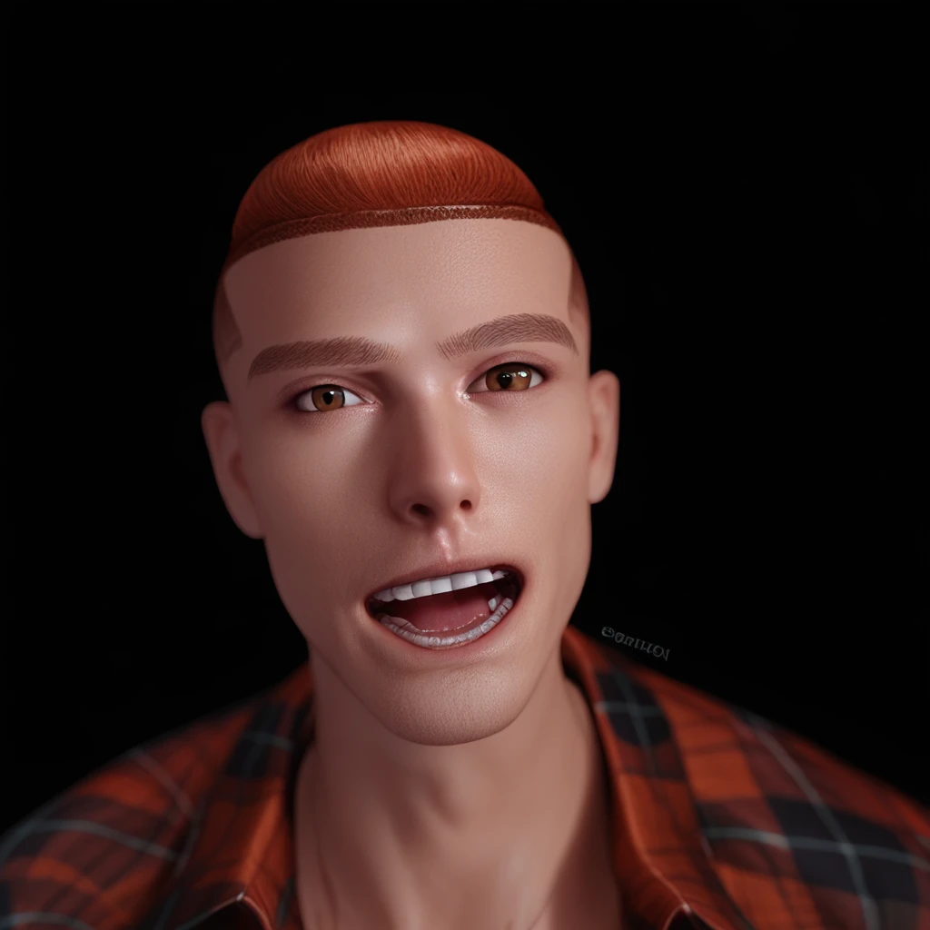 rpskxzt, solo, male focus, 1boy, black background, open mouth, looking at viewer, realistic, shirt, plaid shirt, teeth, brown eyes, simple background, plaid, red shirt, portrait, score_9, score_8_up, score_7_up, score_6_up, score_5_up, score_4_up