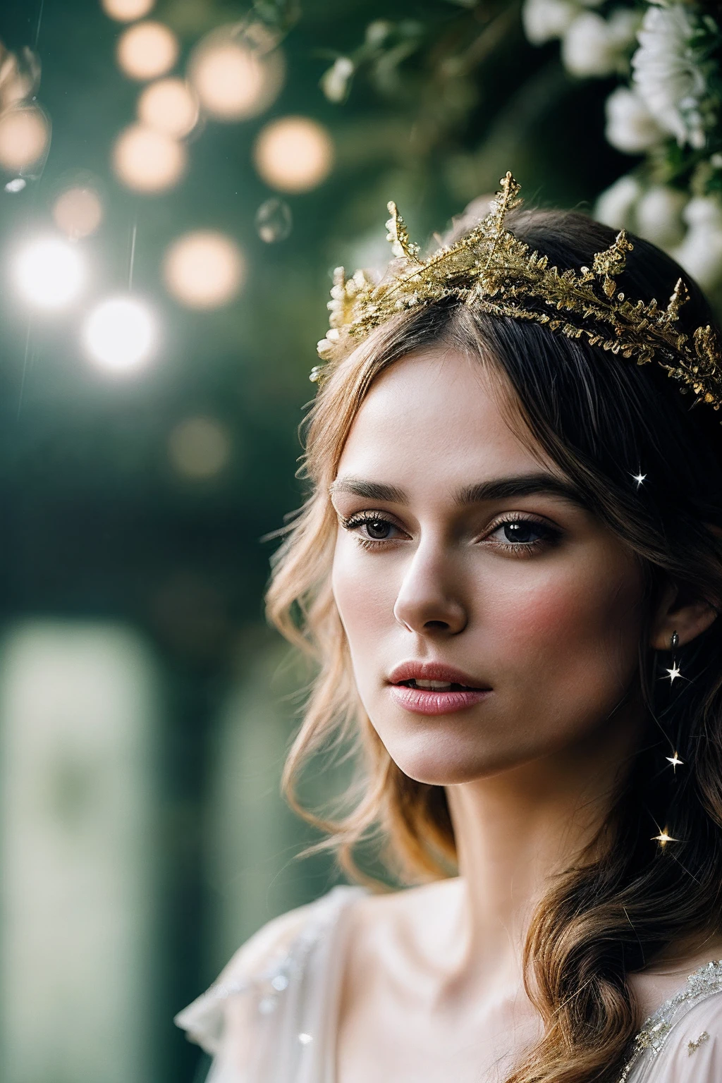 KeiraK_SoloTI_v1,
(Flowing draped gown adorned with shimmering jewels, a golden laurel crown resting atop cascading curls, ethereal glow emanating from her presence),
(Divine realm with marble pillars reaching to the heavens, celestial gardens filled with blooming flowers, shimmering fountains reflecting the light of distant stars, angelic choirs singing harmonies, a gentle breeze carrying the scent of ambrosia:1.3),
(seductive:1.3),(analog, cinematic, film grain, hazy atmosphere, cinematic shot:1.3),
<lora:add_detail:0.6>,<lora:LowRa:0>,, PA7_Portrait-MCU,