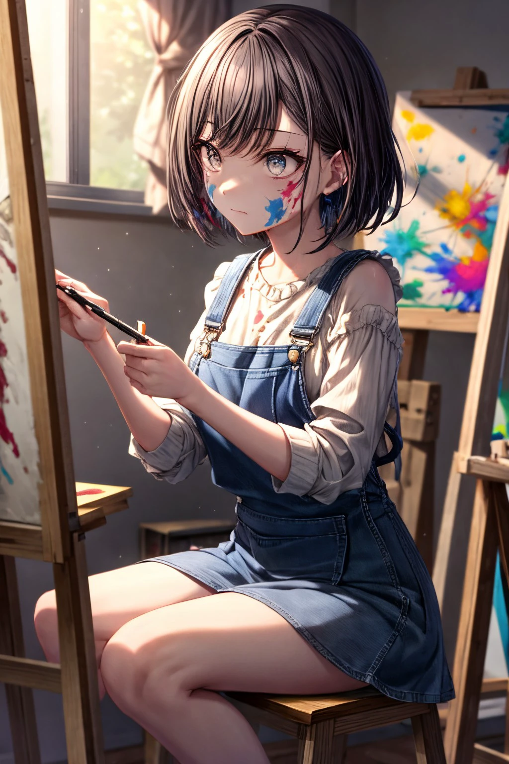 (masterpiece), best quality, expressive eyes, perfect face, enanan, shirt, holding, sitting, closed mouth, indoors, blurry, apron, dutch angle, bare legs, blurry background, feet out of frame, curtains, light particles, sleeves rolled up, overalls, paintbrush, paint splatter, paint, holding paintbrush, blue apron, painting (action), palette (object), art brush, blue overalls, canvas (object), easel, paint splatter on face, , <lora:more_details:0.7>, <lora:1f65056e-d7f1-44bc-b9cc-c376670e3fc0:0.7>, <lora:GoodHands-beta2:0.7>