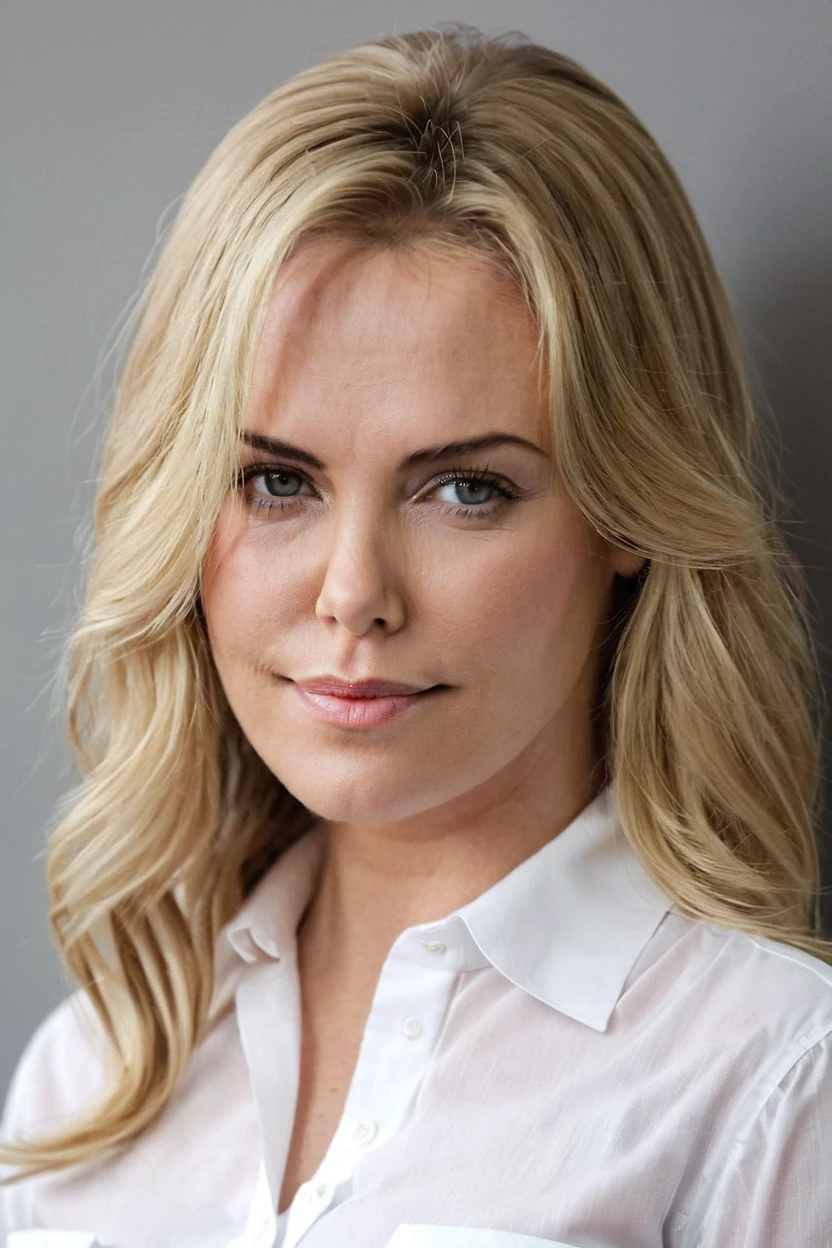 candid photo of a young ohwx woman,wearing a white shirt, long blonde hair,natural lighting,natural skin,half body shot,plain background, <lora:Charlize_Theron-000009:0.7>
