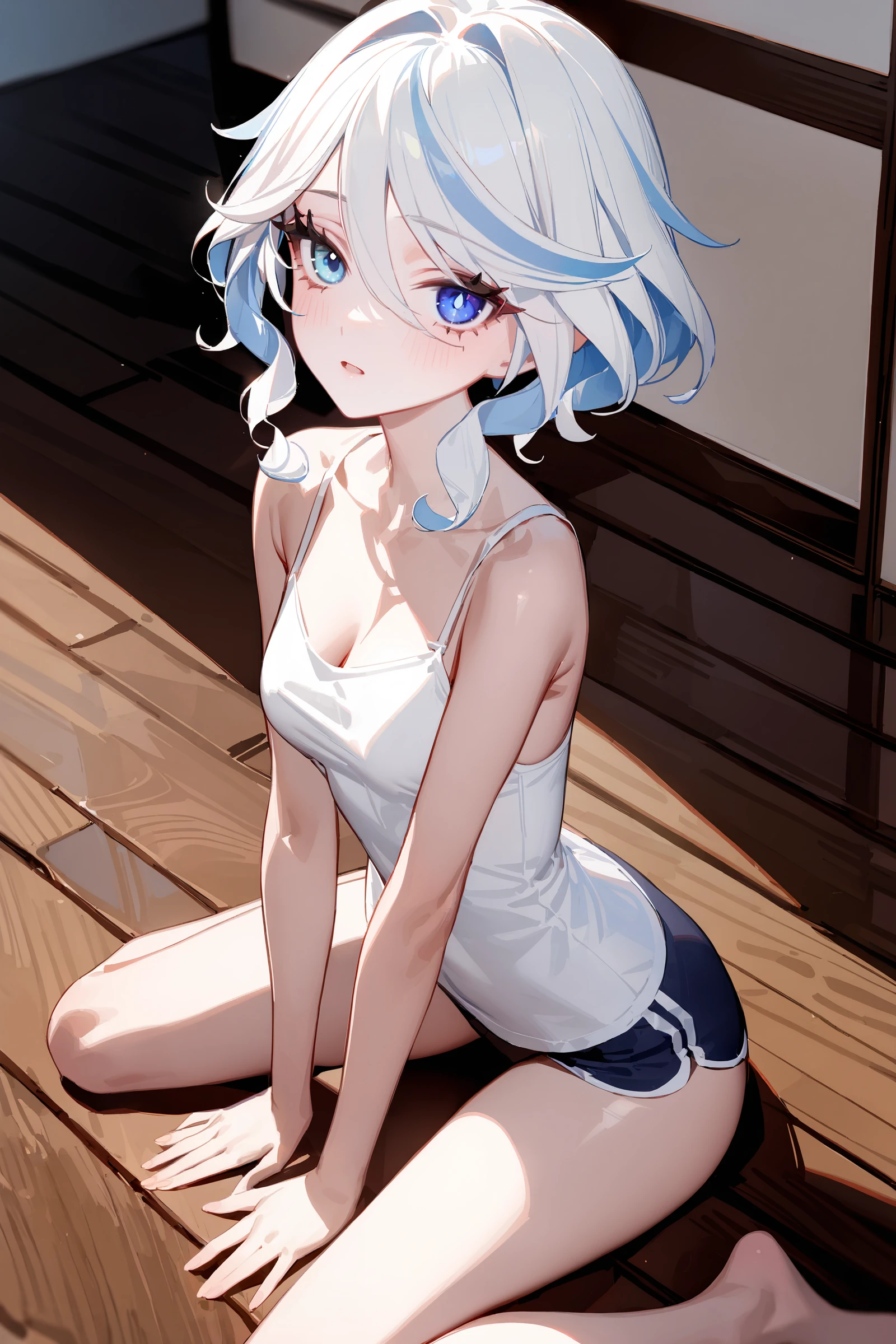 hiquality、top-quality、Full limbs、The ultra -The high-definition、Long、Shining eyes、complete fingers、Slender beauty、ssmile、Wearing a shiny white school swimsuit、shinny skin、knee high、girl's cute room、Dramatic Writing