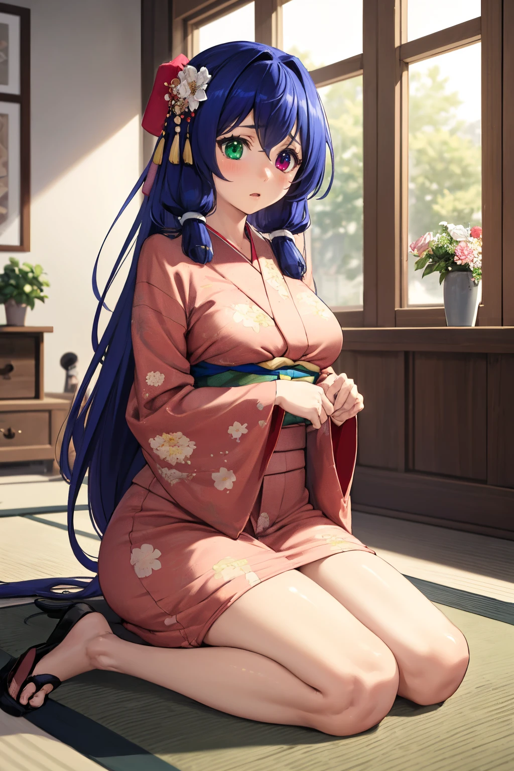 masterpiece, best quality, absurdres, 1girl, solo, AsamaTomo, heterochromia, long hair, hair tubes, indoors, kimono, hair flower, floral print, wariza, kneeling, <lora:AsamaTomo:1>