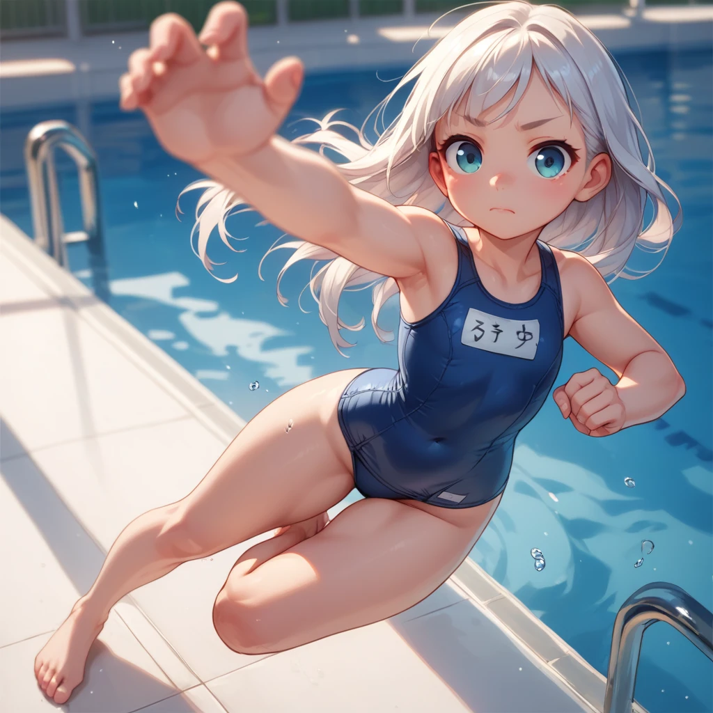 score_9, score_8_up, score_8, score_9, (school pool: 1.2), school swimsuit, barefoot, (closed mouth: 1.2), dynamic angle, dynamic pose,solo