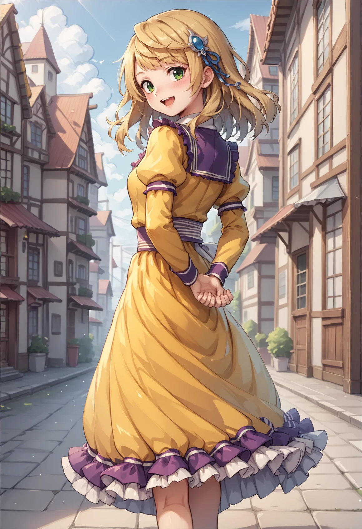 1girl, long hair, blonde hair, green eyes, hair ornament, yellow dress, long sleeves, frilled dress, indoors, library, hands behind back, from behind, back, walking, looking to the viewer, open mouth, smile, blushing, closed eyes, walking, outdoors, town, head tilt <lora:Perrielle_XL:0.8>, score_9, score_8_up, score_7_up, score_6_up, score_5_up, score_4_up, BREAK source_anime, masterpiece