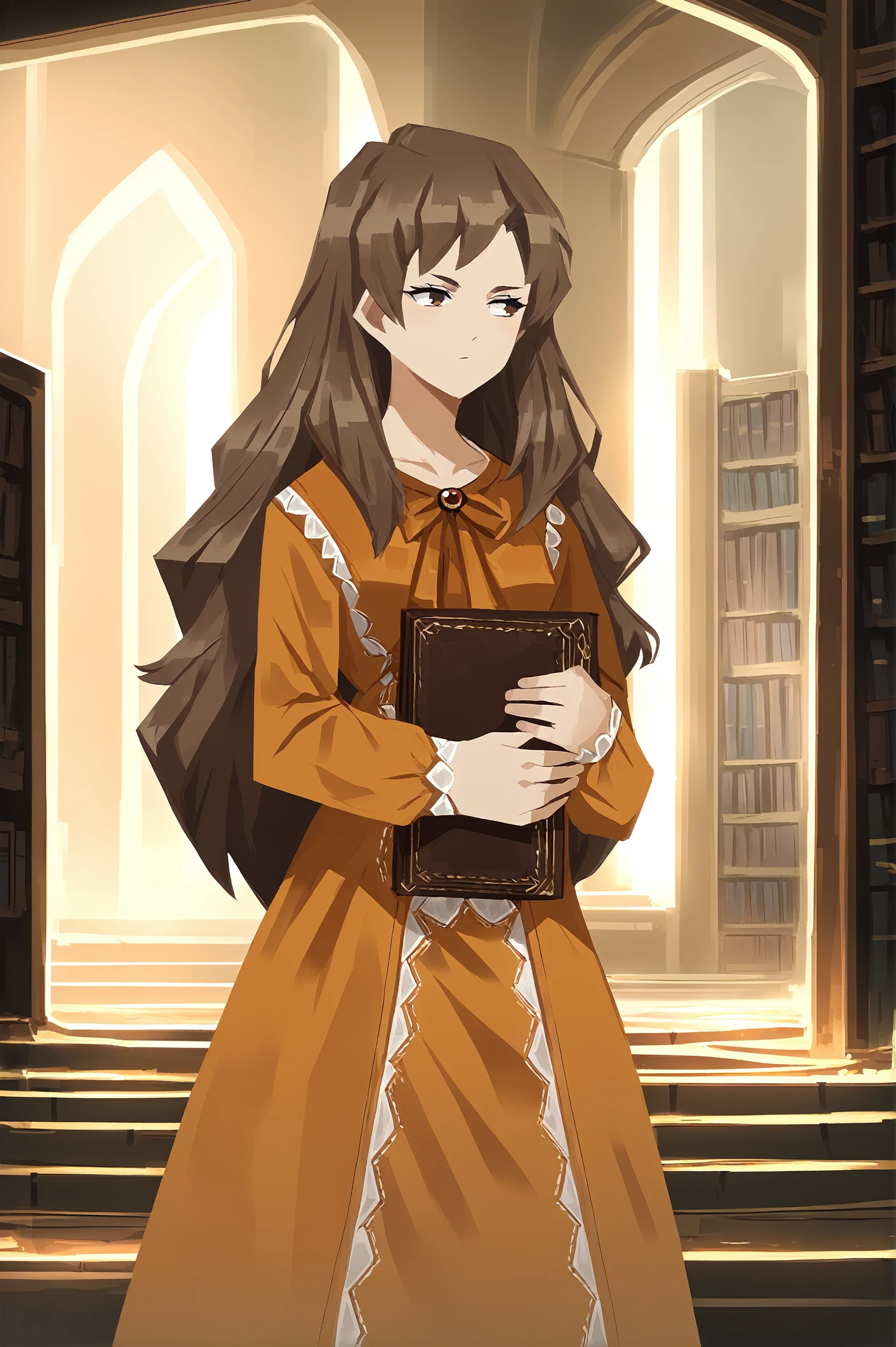 score_9,
<lora:library_of_ruina_v1_pruned:1>,
1girl, solo,
holding books,
indoors, bookshelf,
brown hair, long hair, brown eyes,
bubble dress, orange dress,
cowboy shot,
high resolution, Masterpiece, detailed