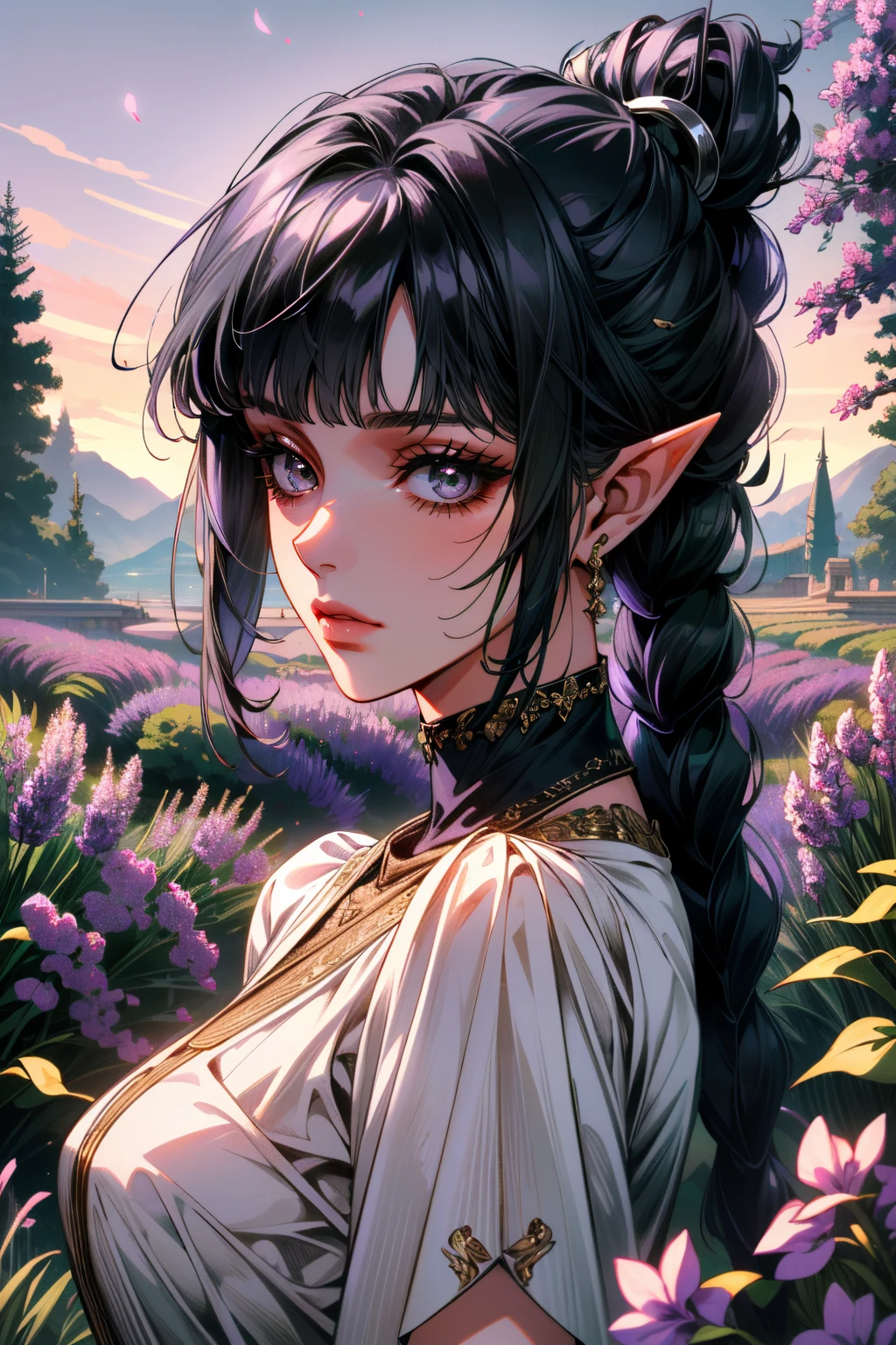 ((ultra detailed, masterpiece, absurdres))
 <lora:BGShadowH:0.8>
BGShadowH, 1girl, pointy ears, black hair, blunt bangs, braid, hair ornament, lavender field, midday, bright and vibrant with a sea of purple blooms