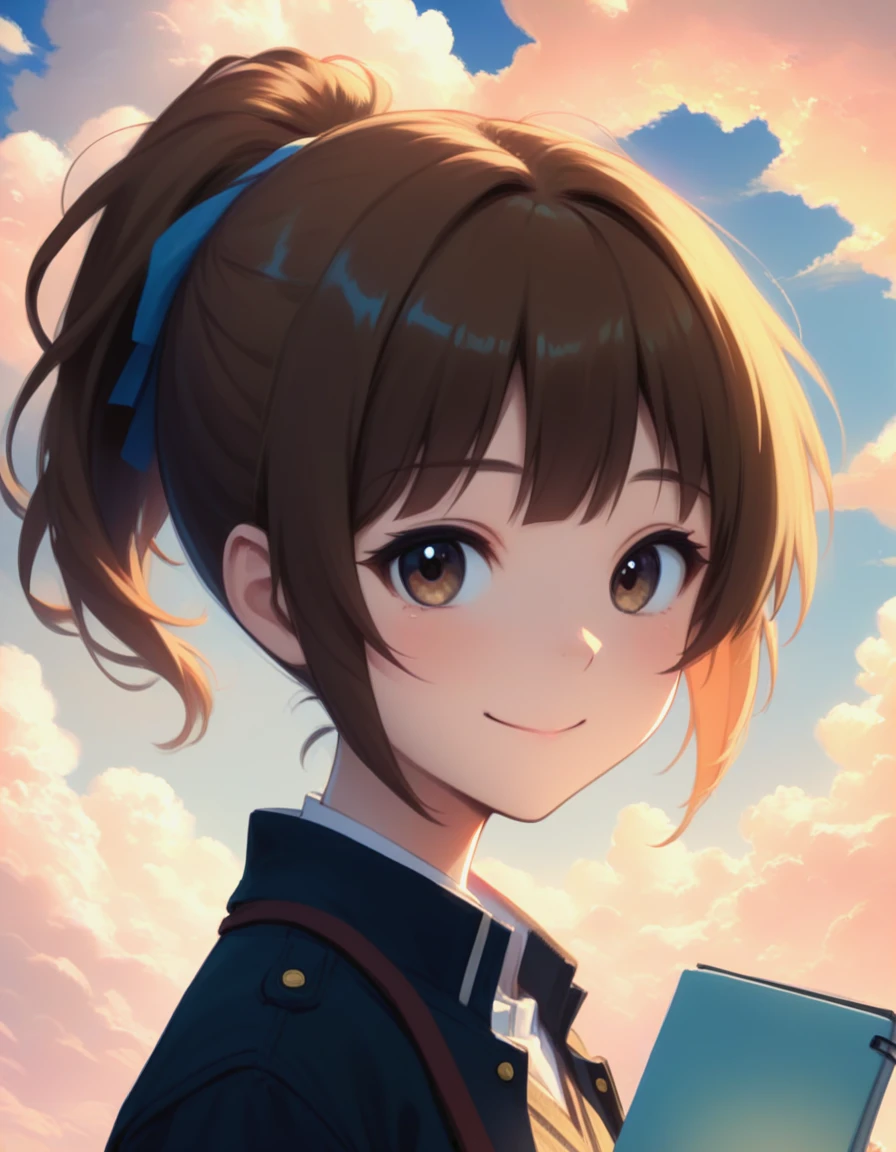 (score_9),(score_8_up),score_7_up,score_6_up,perfect eyes,1girl,nishimiya_shouko_(asilentvoice),black_jacket,blue_sky,brown_eyes,brown_hair,closed_mouth,cloud,cloudy_sky,holding,holding_notebook,jacket,long_hair,long_sleeves,looking_at_viewer,notebook,outdoors,ponytail,school_uniform,sky,smile,solo,upper_body,<lora:nishimiyashouko-asilentvoice-xl:1>,