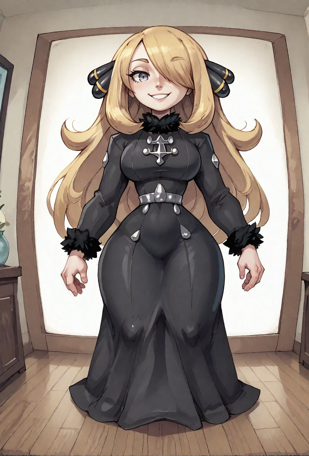 score9, score_8_up, score_7_up, pokemon, 1girl, blonde_hair, grey_eyes, black dress, cynthia from pokemon approaching the viewer, smile, standing, indoors, big room, pokemon arena, character focus, close up, voluptuous, curvy, traditional media, traditional art, <lora:Glorp_Bingo_Mega_Mix-000013:1> glorpbingomegamix1