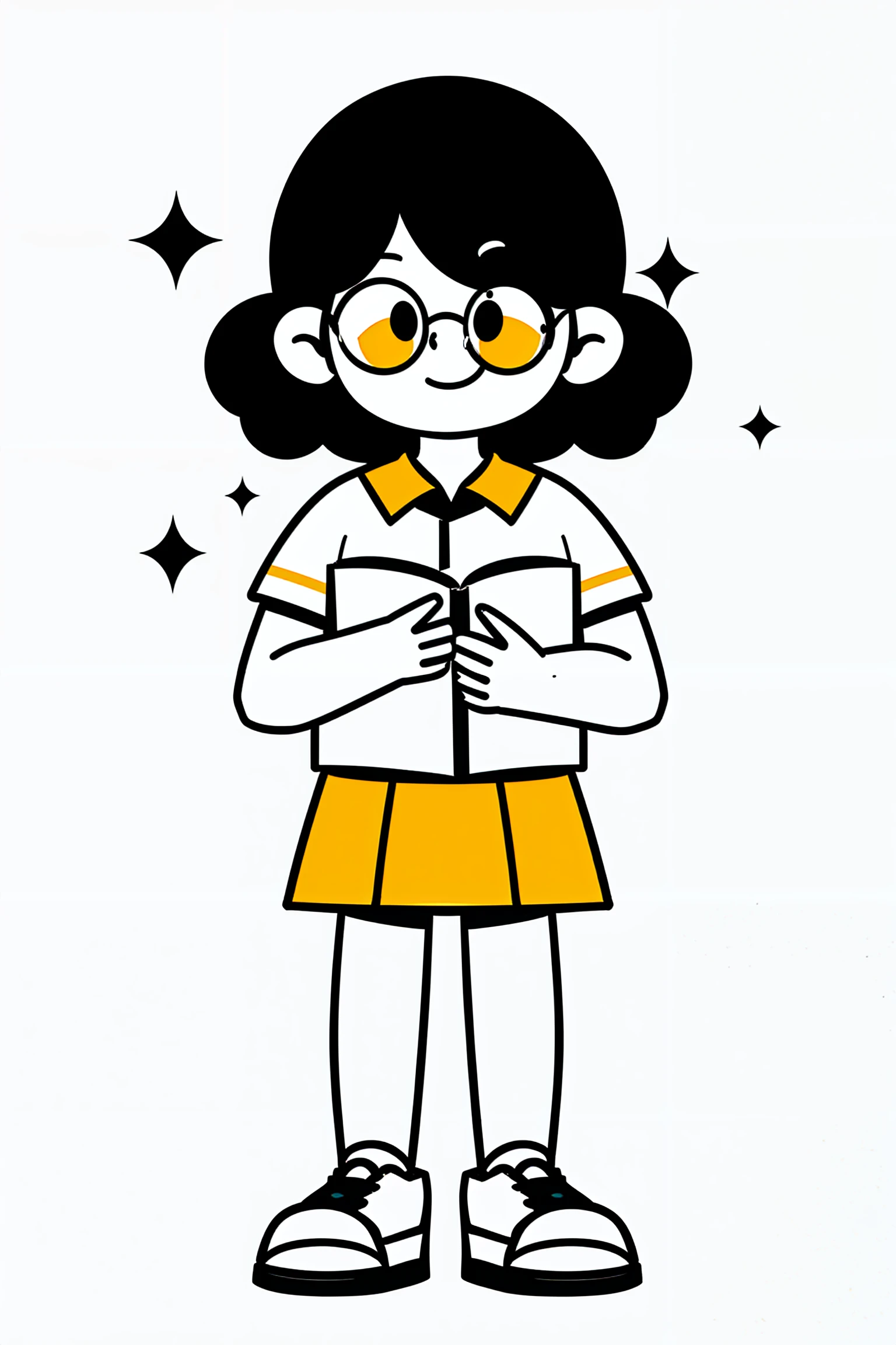 ((masterpiece)), best quality, perfect anatomy,8K wallpaper,
mStroke, 1girl, solo, short sleeves, standing, simple background, bangs, full body, smile, white background, white shoes, glasses, black hair, short hair, looking at viewer, closed mouth, sparkle, holding book, open book, yellow skirt, yellow collar, white shirt, round eyewear, dot nose, waving, medium hair, buttons on skirt, dot eyes, yellow cheeks, partially colored
<lora:MStroke_v1:0.8>