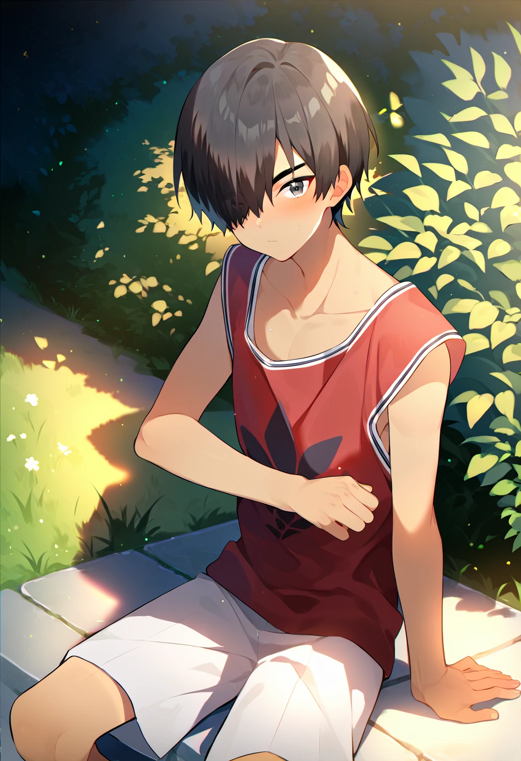 score_9_up, score_8_up, score_7_up, score_6_up, score_9, cute, 1boy, kazuma ikezawa, black hair, black eyes, red tank top, white shorts, hair over one eye, best quality, amazing quality, best aesthetic, absurdres ,source_anime, source_, score_5_up, score_4_up<lora:EMS-361293-EMS:1.000000>