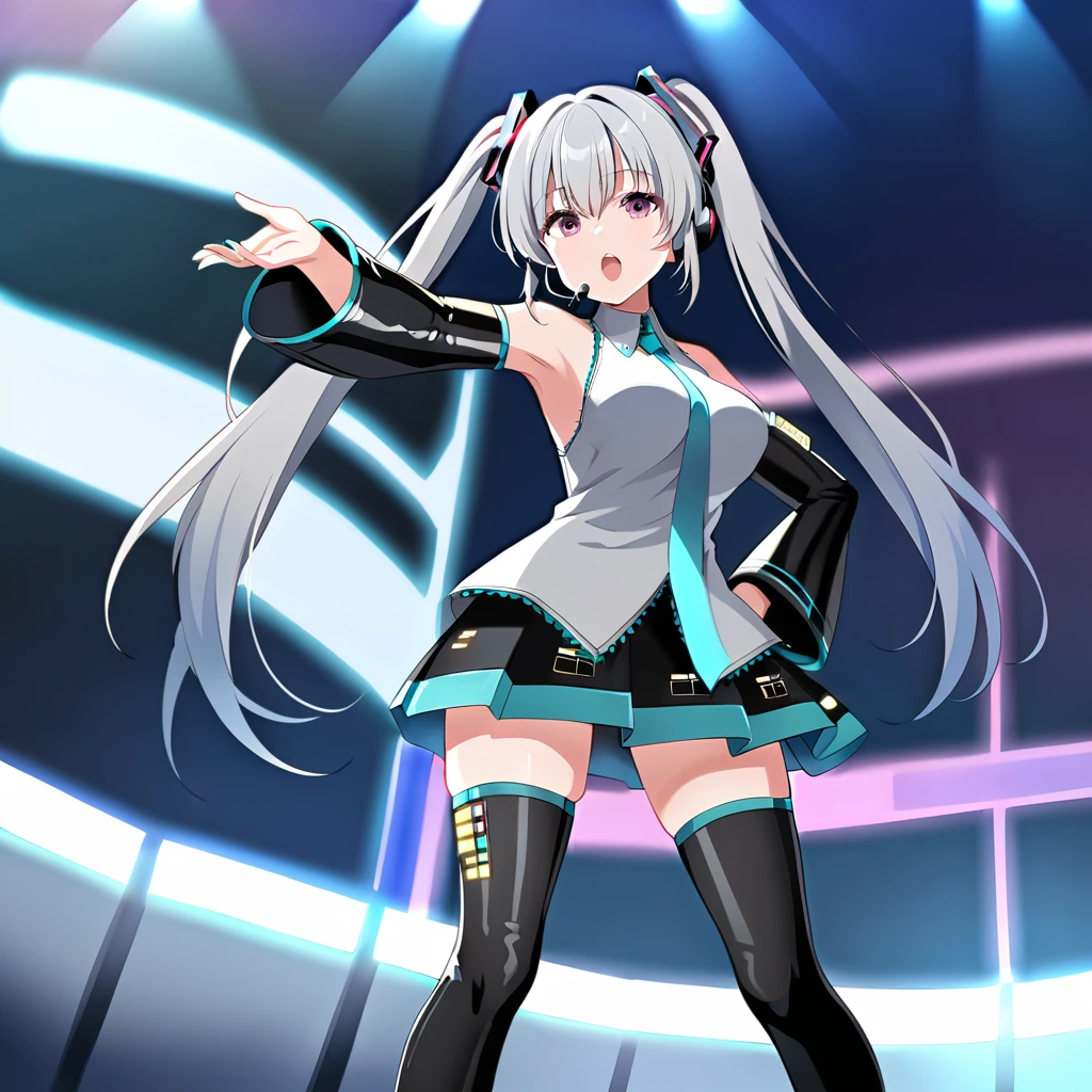 [high quality, best quality], [cinematic],tendorui, 1girl, solo, high pigtails, bare shoulders, miku hairornament, miku gloves, miku dress, standing, headphones, black thigh boots,singing, large breasts, on stage ,HDR <lora:trui3:0.71>