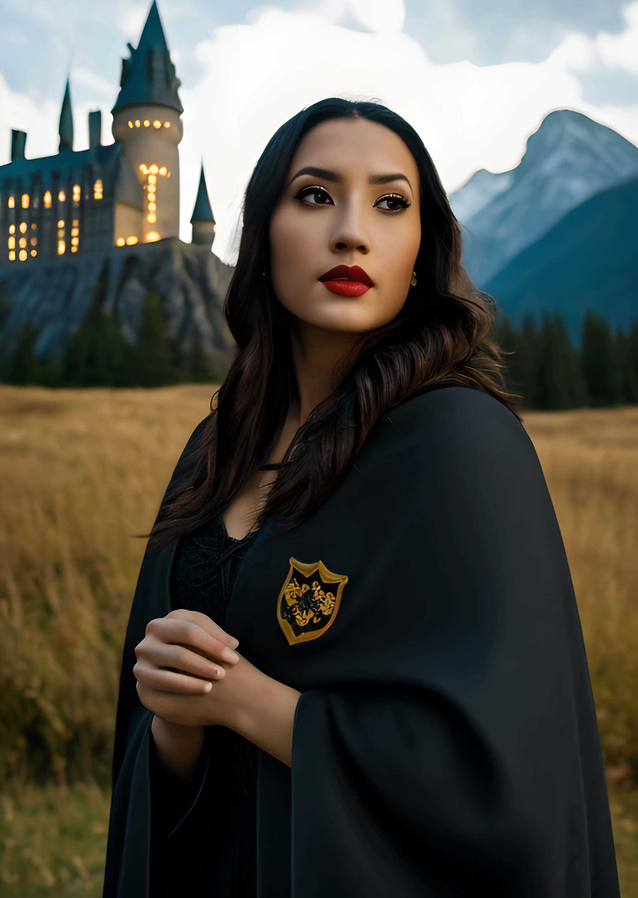 <lora:Christina_Dark:1>,
photo of beautiful (Christina_Dark), ((ultra detailed, masterpiece, best quality)), best quality, ultra high res, ultra detailed face and eyes, (photorealistic:1.4), 1 Latina woman,
(hufflepuff House Cloak),( inner cloak yellow:1), (outer cloack black:1), looking at viewer, upper body,red lips, parted lips, exterior forest and mountains, castle,hogwarts castle:1, dramatic shadows, an extremely delicate and beautiful, dynamic angle, cinematic camera, dynamic pose,depth of field,chromatic aberration,backlighting, (extremely detailed skin), (flawless skin), (model pose), (natural light), (high quality photography), (intricate details), (8k), (HDR), (sharp focus)