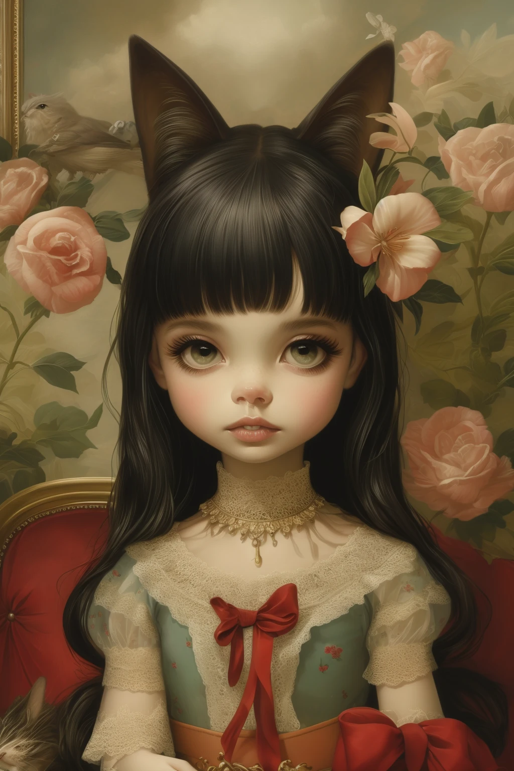 ((masterpiece)), (best quality), official art, in style of Nicoletta Ceccoli, 
, 
 . blythe doll Red Color straight hair, hazel eyes and with a ring in the nose, and a black top 