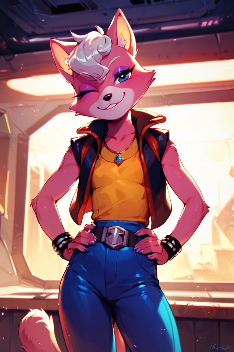 score_9, score_8_up, score_7_up<lora:Katt_Monroe_Starfox:1>, Katt monroe, furry, in spaceship, standing, wink, seductive smile, hands on own hips