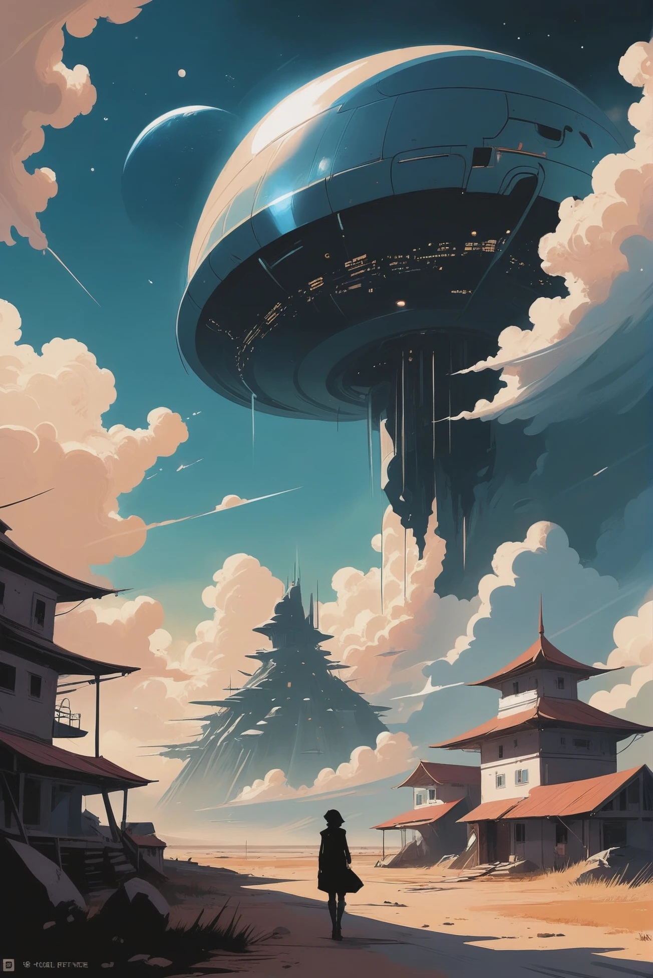 fine art comic book style, cloud,beautiful scifi settlement beyond the beginning of time<lora:EnvyStarlightToon01:1>