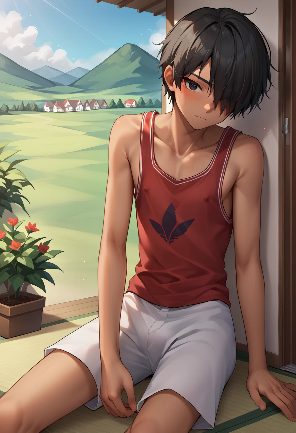 score_9_up, score_8_up, score_7_up, score_6_up, score_9, cute, 1boy, kazuma ikezawa, black hair, black eyes, red tank top, white shorts, hair over one eye, best quality, amazing quality, best aesthetic, absurdres ,source_anime, source_, score_5_up<lora:EMS-361293-EMS:1.000000>