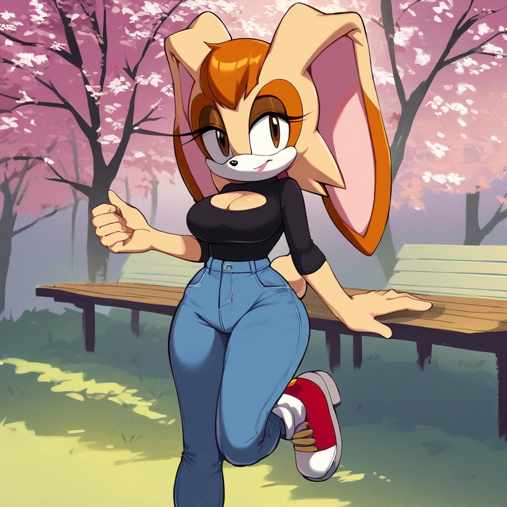 score_9, score_8_up, score_7_up, score_6_up, score_5_up, score_4_up, (Source sonic), (rating safe), vanilla the rabbit, 1girl, solo, outside, wearing blue jeans,  black sweater, shirt cutout, large breasts, brown eyes, looking at viewer, standing, outside, trees, fall weather,  <lora:Vanilla the rabbit xl :1>, wide hips, rabbit girl, short hair, body fur, dynamic pose, anime style