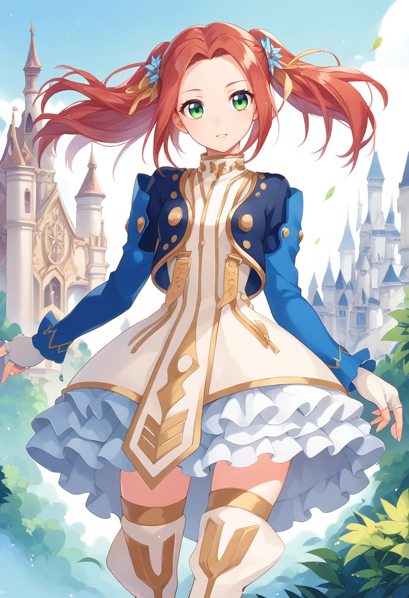 score_9, score_8_up, score_7_up,  eleanor hume, green eyes, smile, twintails, short dress, red hair, hair ornament, thigh boots, cropped jacket, frills, fingerless gloves, castle,  <lora:Eleanor_Hume_Pony:1>