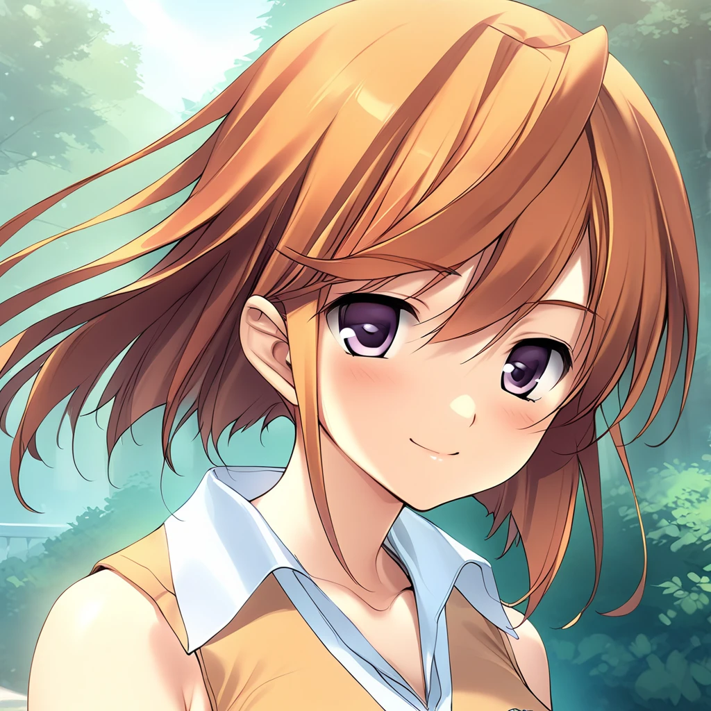 (masterpiece),(best quality),(ultra-detailed),(best illustration),(best shadow),(absurdres),(detailed background),(very aesthetic), mai tokiha, standardoutfit, 1girl, solo, purple eyes, smile, shirt, orange shirt, orange hair, sleeveless, school uniform, breasts, upper body, emblem, portrait, <lora:XL-Mai_Tokihaé´ç¾½_èè¡£_-_Mai-HiMEè-HiME_SDXL_Animagine_XL_3.1v1ALT:1>