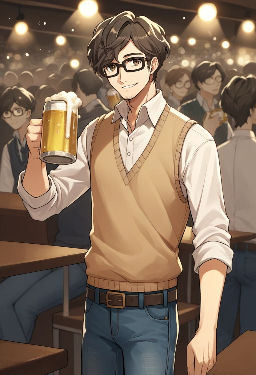 score_9, score_8_up, score_7_up, source_6_up, source_5_up, score_4_up, source_anime, digital painting, BREAK 1boy, solo, smile, looking at you, holding beer bottle, <lora:MarukiP5-pdxl:1.0> marukiP5, glasses, stubble, shirt tucked in, sweater vest, belt, jeans, indoors, party, crowd, bokeh