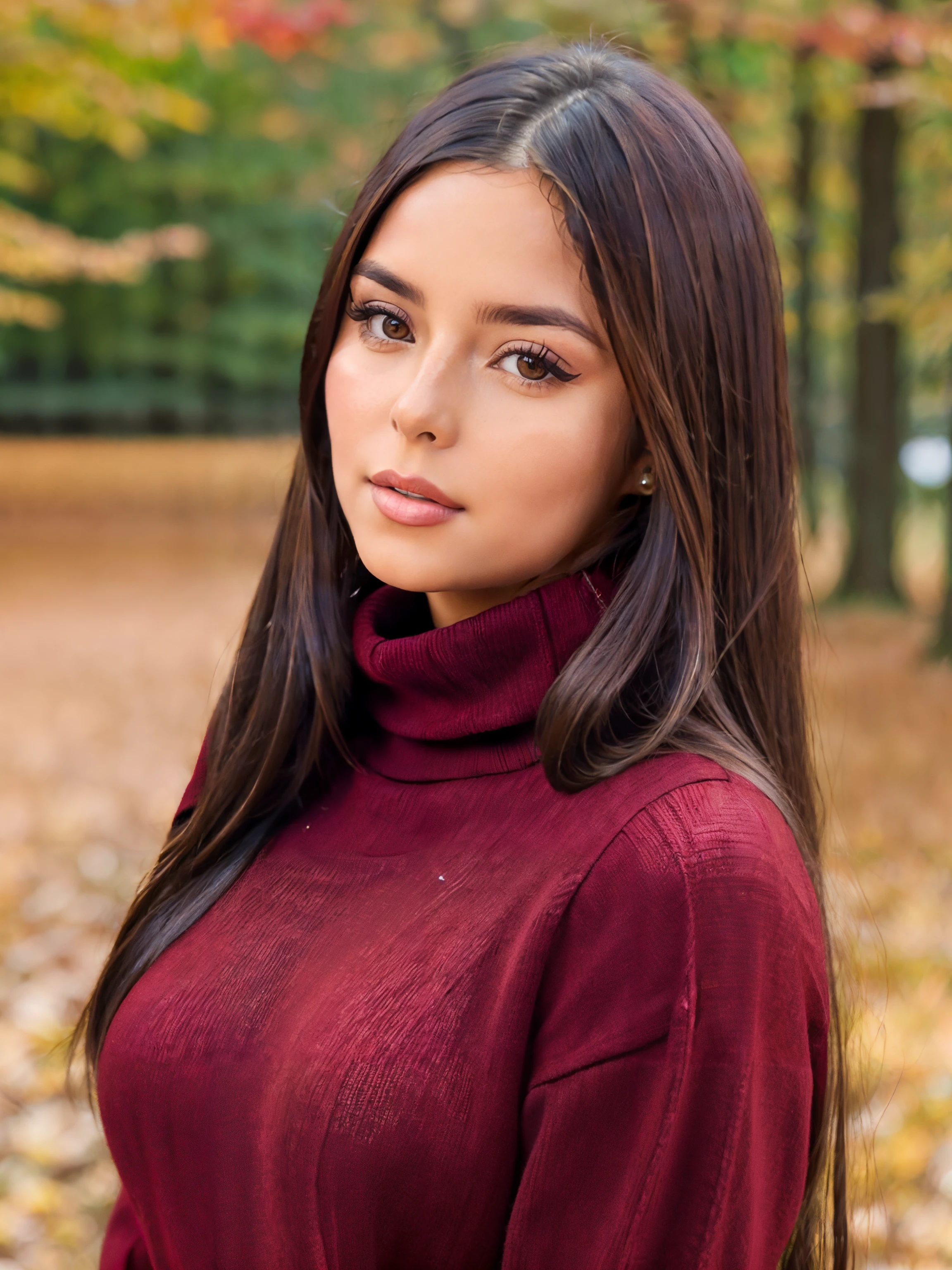 closeup portrait of a beautiful brunette woman, long straight hair, d3m1r0s3,  (wearing dark red turtleneck jumper), autumn,,,, soft shadows, Canon EOS D600, film grain,  <lora:d3m1r0s3:1>