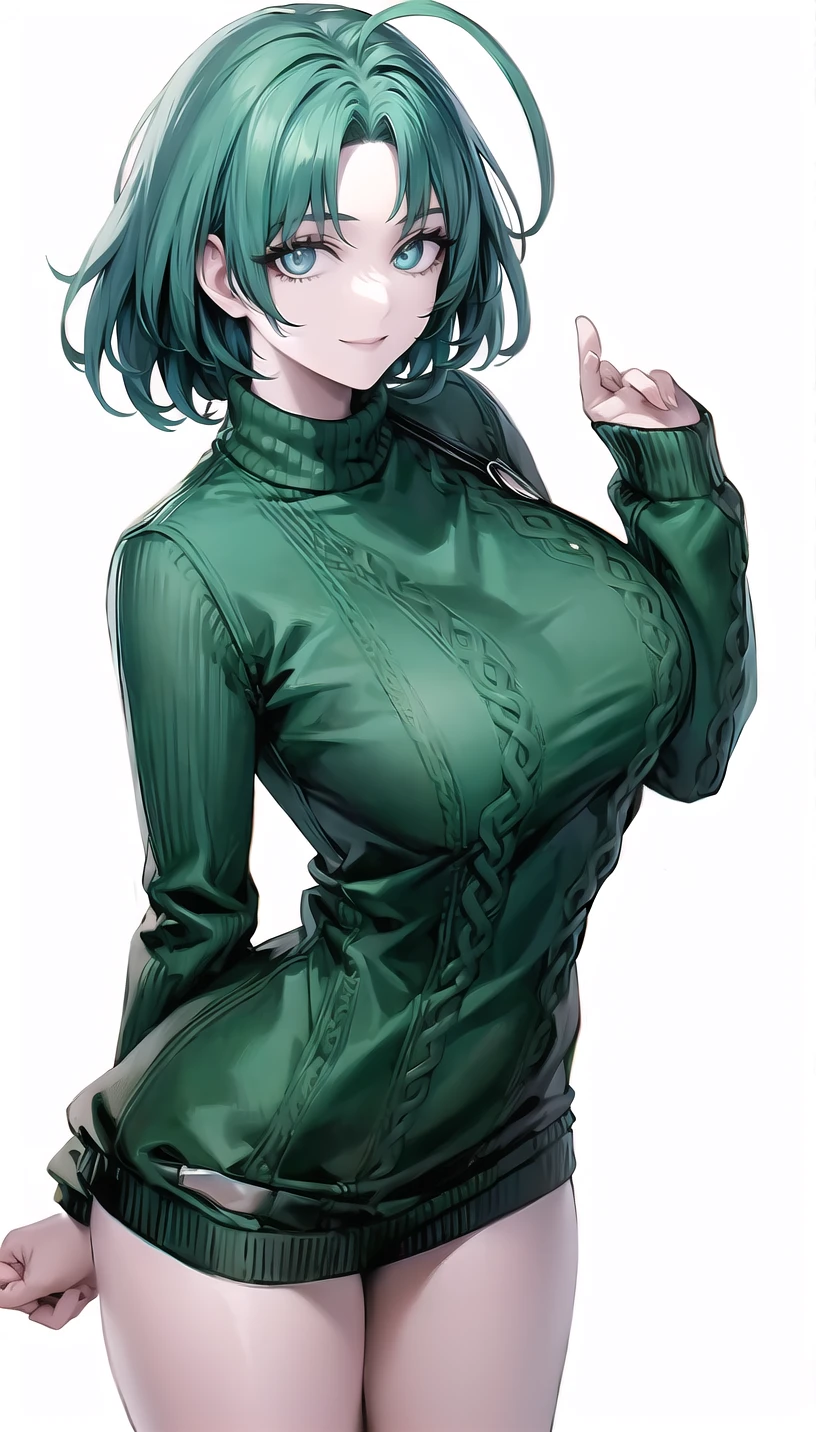 aqua eyes,smile,ahoge,
(sweater:1.28),s
lady,mature female, cowboy shot,
(white background,simple background:1.18),
highres,official art,original,masterpiece,best quality,
(huge breasts:0.8),
<lora:Mantis:0.8>