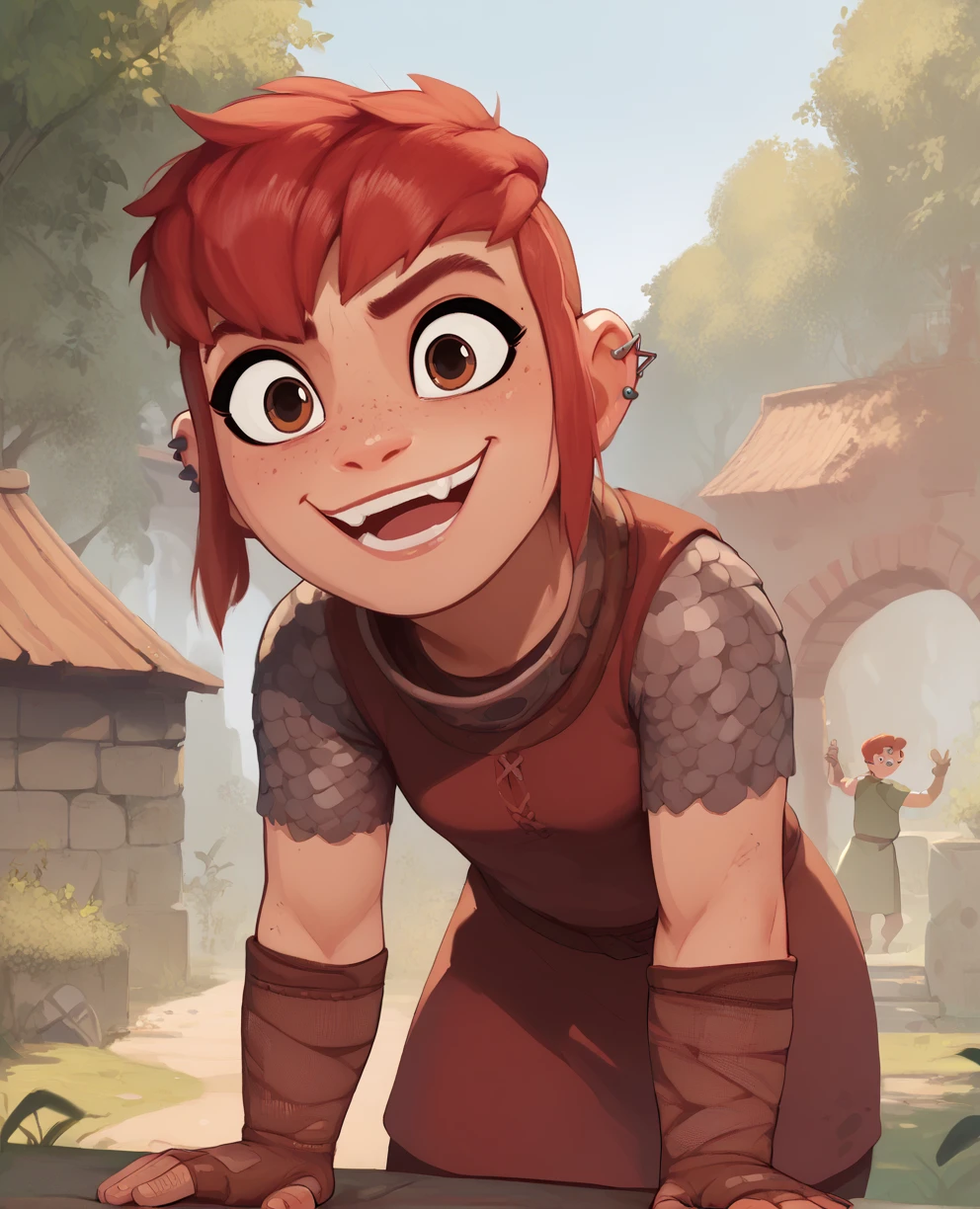 masterpiece, best quality, photorealistic, Nimona, red hair, red hair, freckles, leather armor, cute, joyful